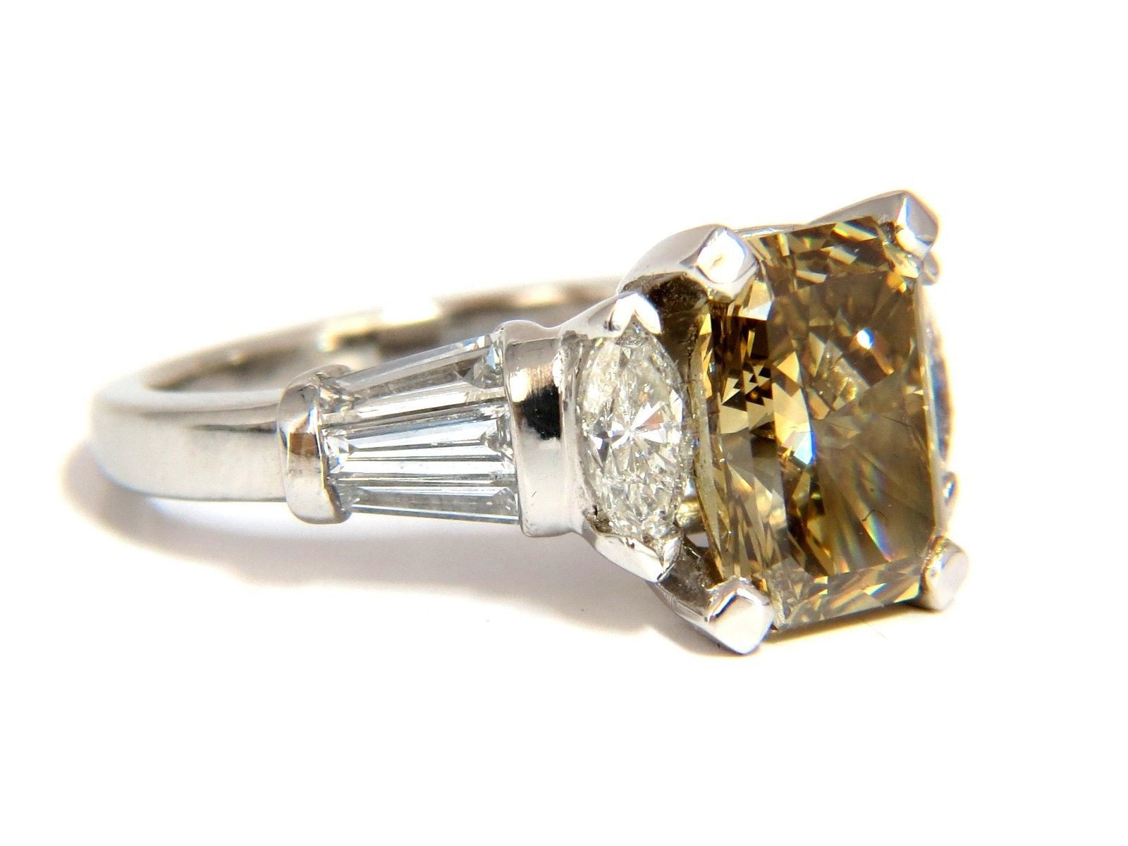 4.12ct GIA Certified Radiant Fancy Brown Green Yellow Diamond Platinum Ring for Engagement, Wedding, Anniversary & Special Occasions