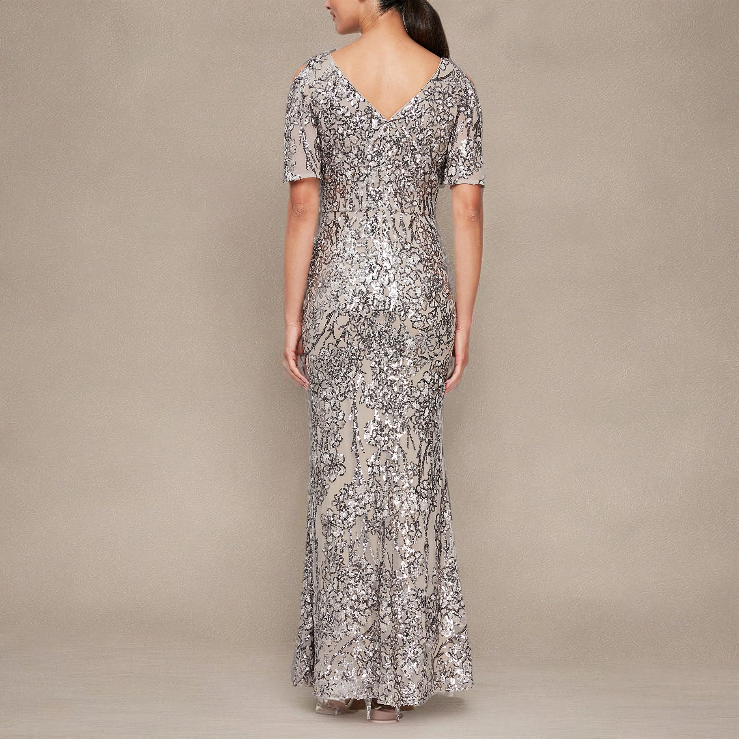 Alex Evenings Women's Long Sequin Mother of The Bride Dress with Cold Shoulder Flutter Sleeves - Petite & Regular Sizes - Perfect for Weddings, Formal Events & Special Occasions