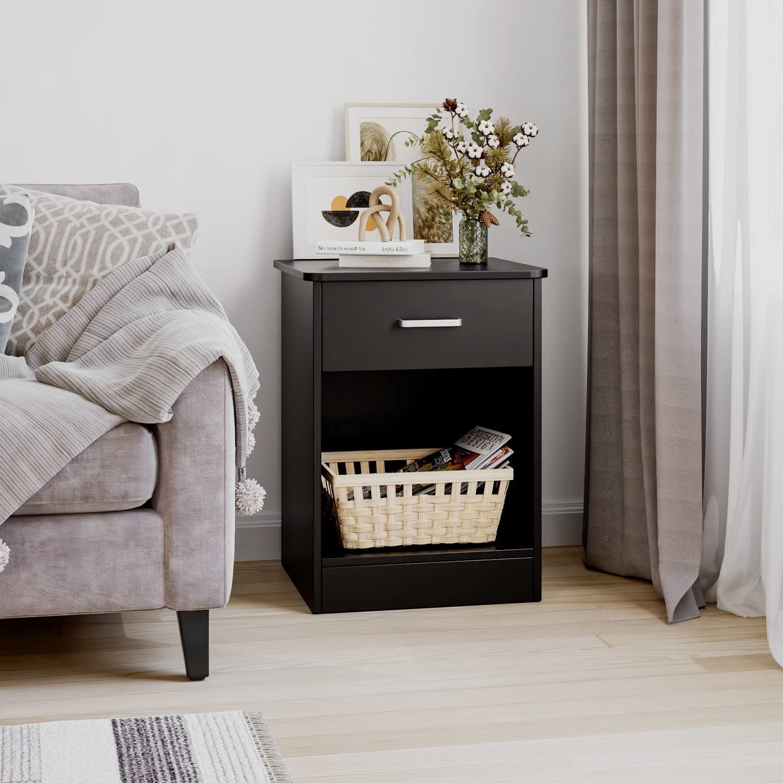 Modern 2-Tier Nightstand with Drawer & Storage Shelf - Black Bedside Table for Bedroom, Home Office | Space-Saving End Table for Small Spaces, Apartment Living & Guest Rooms