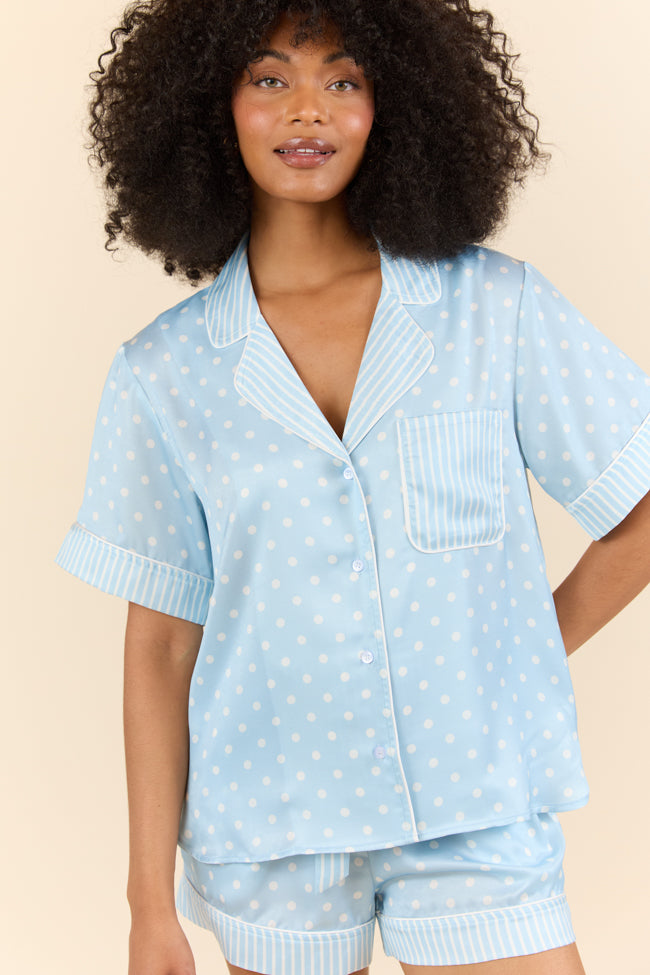 Blue Polka Dot Satin Pajama Top for Women - Soft Sleepwear & Loungewear - Comfortable Night Shirt for Relaxing at Home or Sleepovers