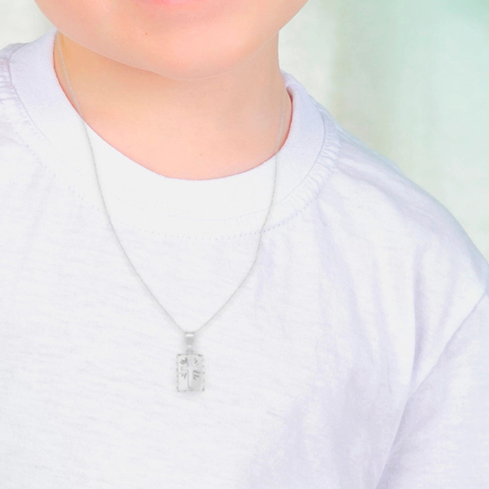 Kids' Sterling Silver Short Rectangle Medallion Cutout Cross Pendant Necklace - Perfect for Baptism, First Communion & Religious Gifts