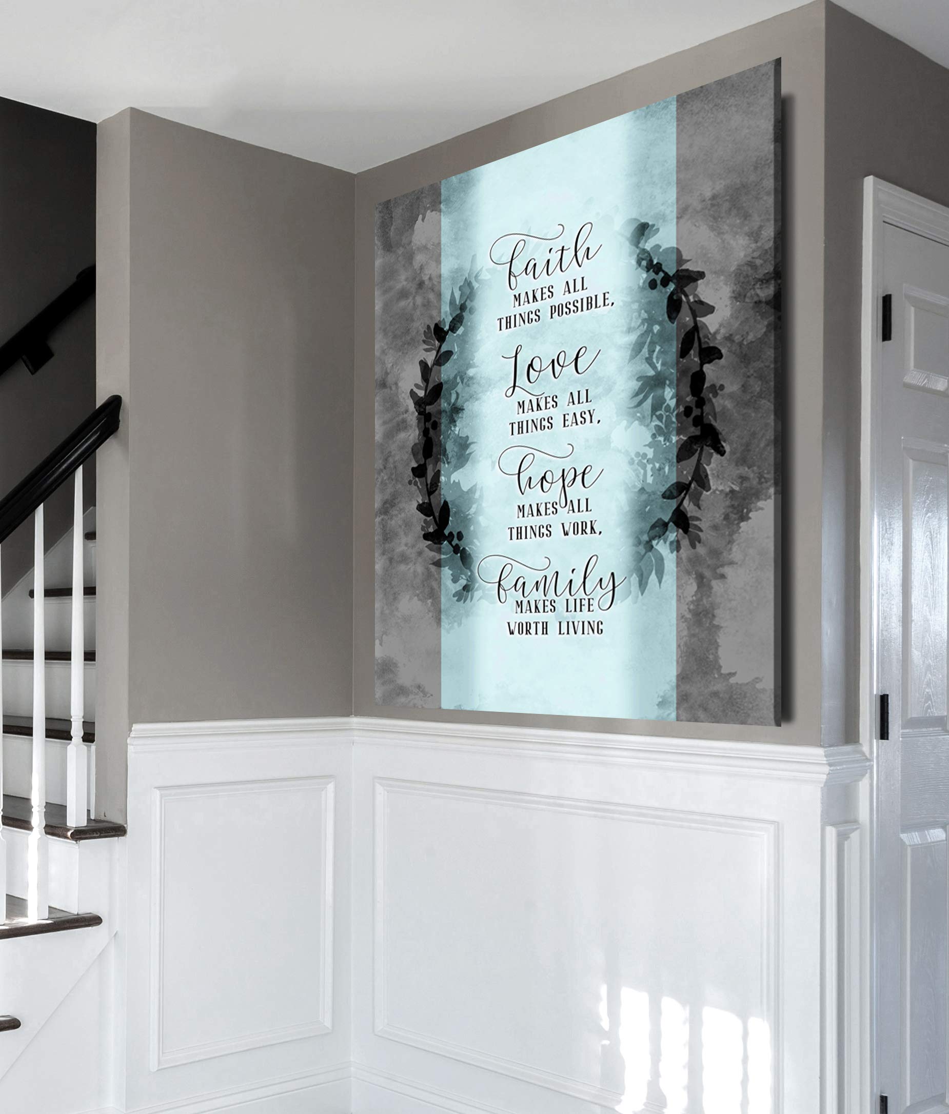 Faith Makes All Things Possible - Motivational & Inspirational Christian Wall Art Canvas Print, Positive Quote Home Decor for Living Room, Bedroom, Office (30x40 Inch, Light Teal)