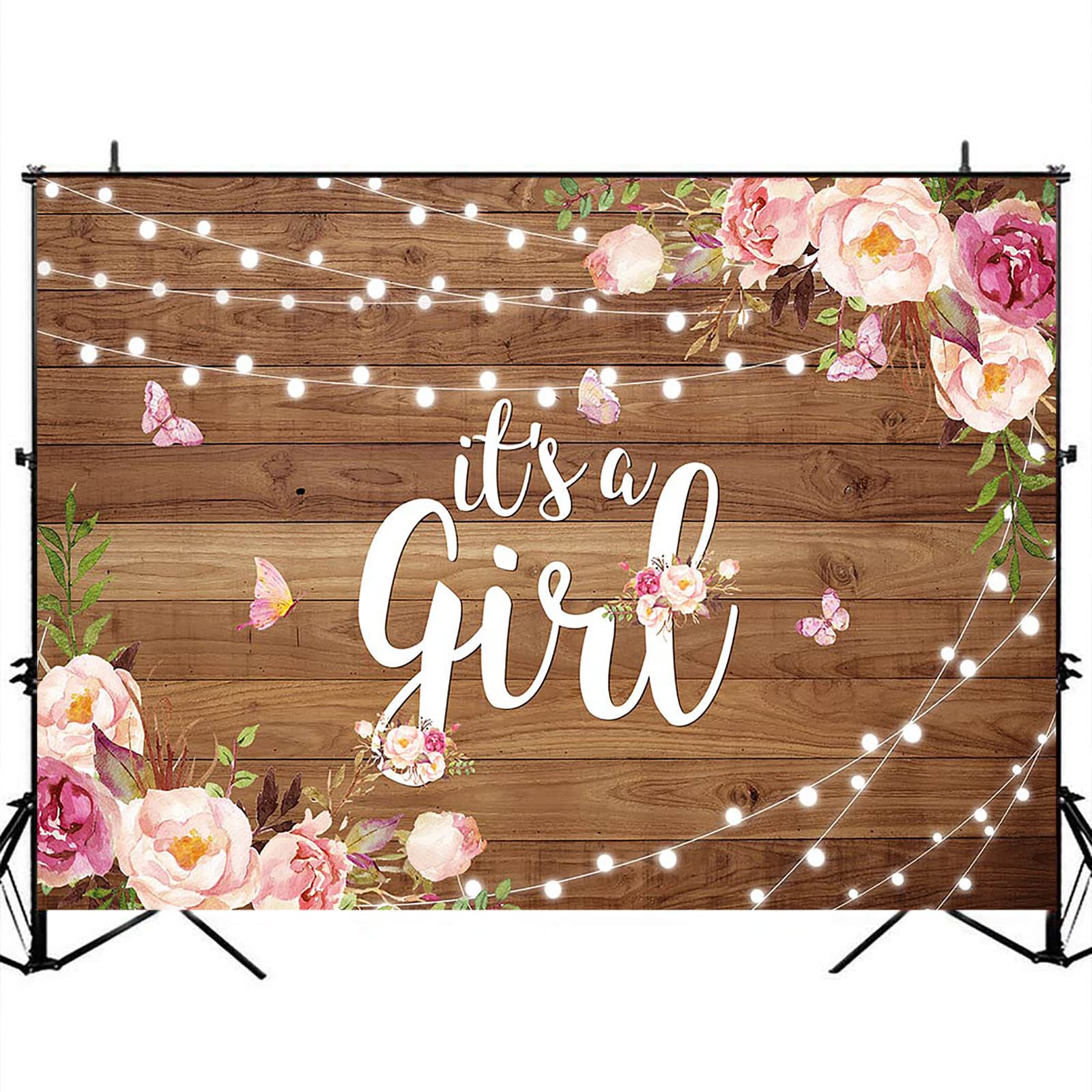 Avezano Rustic Floral Baby Shower Backdrop - 8x6ft Wooden Flower & Butterfly Design with Glitter Lights for It's a Girl Party Decor, Photo Booth Props - Perfect for Baby Showers, Gender Reveals, and Nursery Decorations