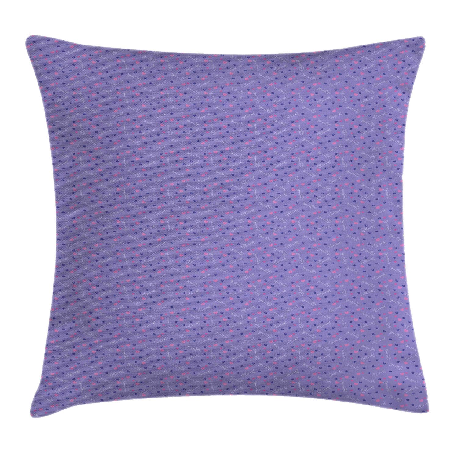 Lunarable Cat Tracks Fish Bones Hearts Print Decorative Throw Pillow Cover 26x26 Inches - Violet Pink Square Accent Cushion Case for Sofa, Bed, Living Room Decor