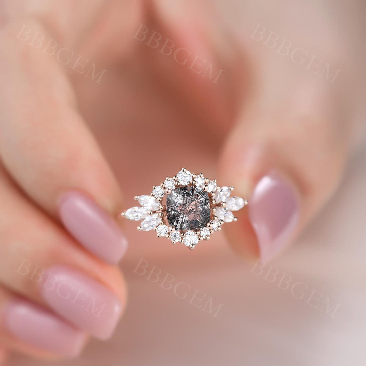 Exquisite Cluster Moissanite Halo Cushion Ring with Black Rutilated Quartz & Tourmaline | Vintage Cocktail Jewelry for Women | Perfect for Evening Parties, Weddings & Special Occasions
