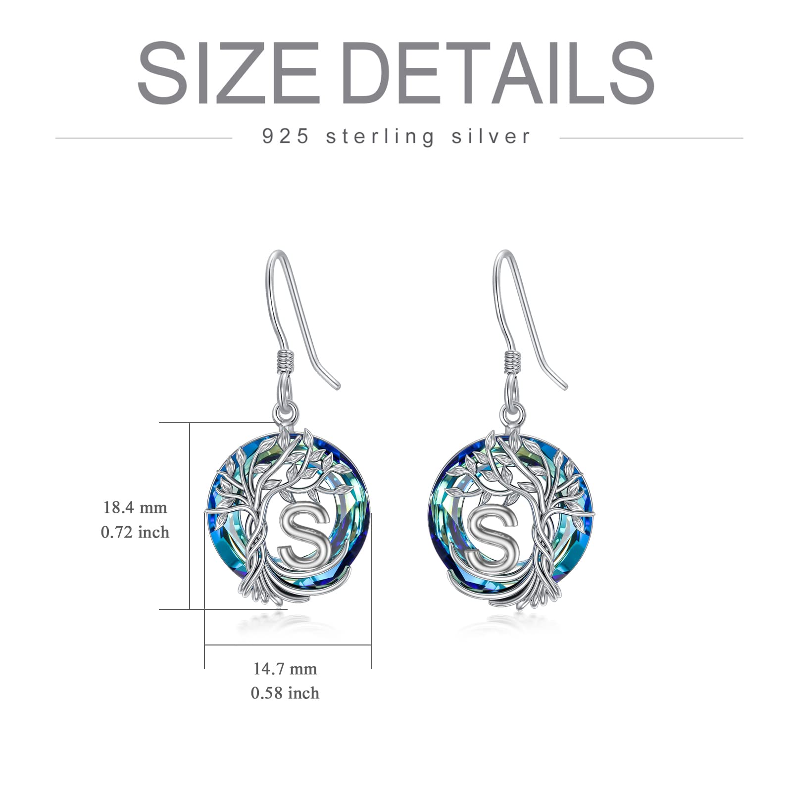 TOUPOP Tree of Life Initial Earrings - 925 Sterling Silver A-Z Letter Drop Dangle Earrings with Blue Circle Crystal | Valentine's Day, Anniversary & Birthday Gifts for Women, Girlfriend & Mom | Perfect for Date Night, Wedding & Special Occasions