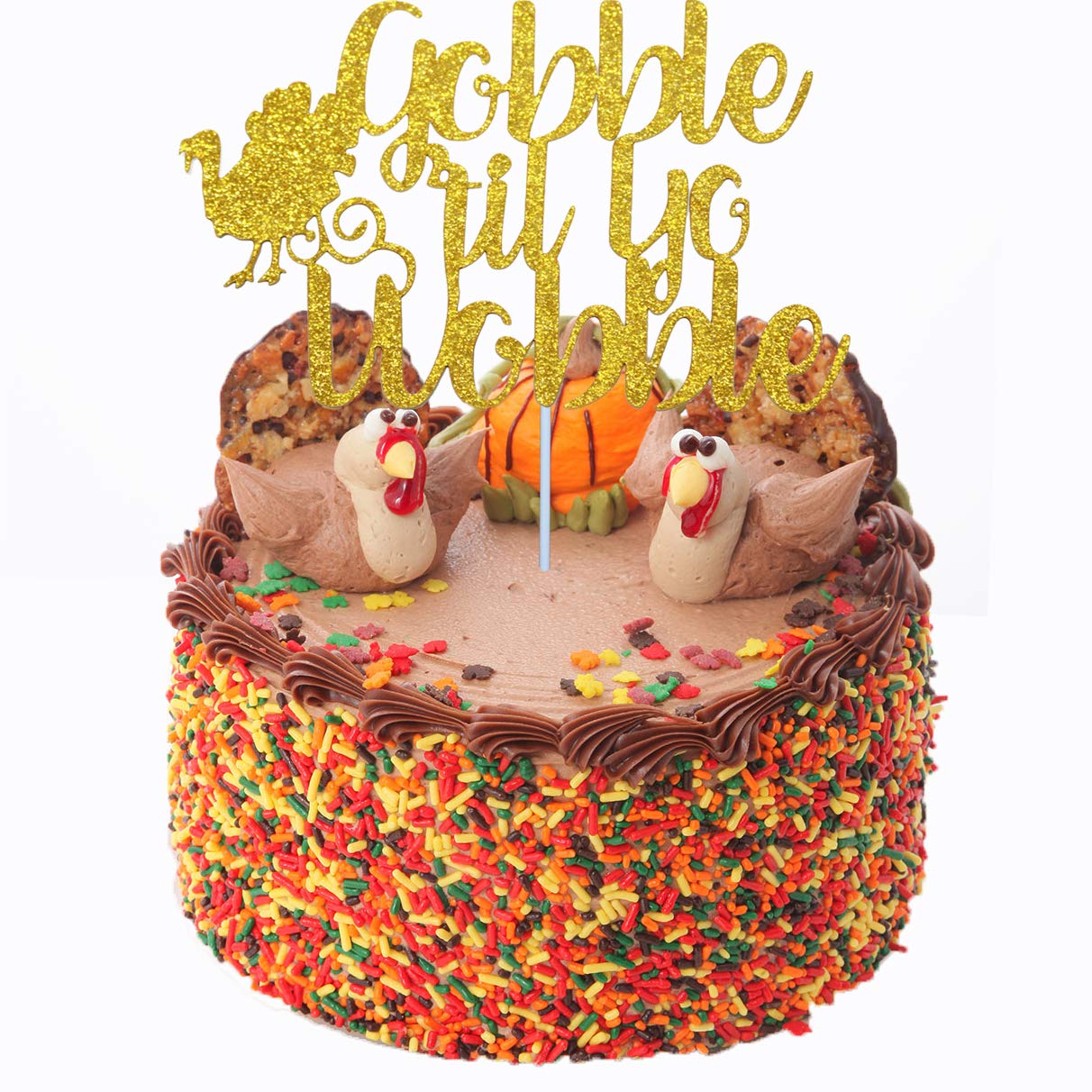 Gold Glitter Gobble Til You Wobble Cake Topper - Thanksgiving & Friendsgiving Party Decor - Shimmering Cake Decoration for Holiday Desserts & Festive Celebrations