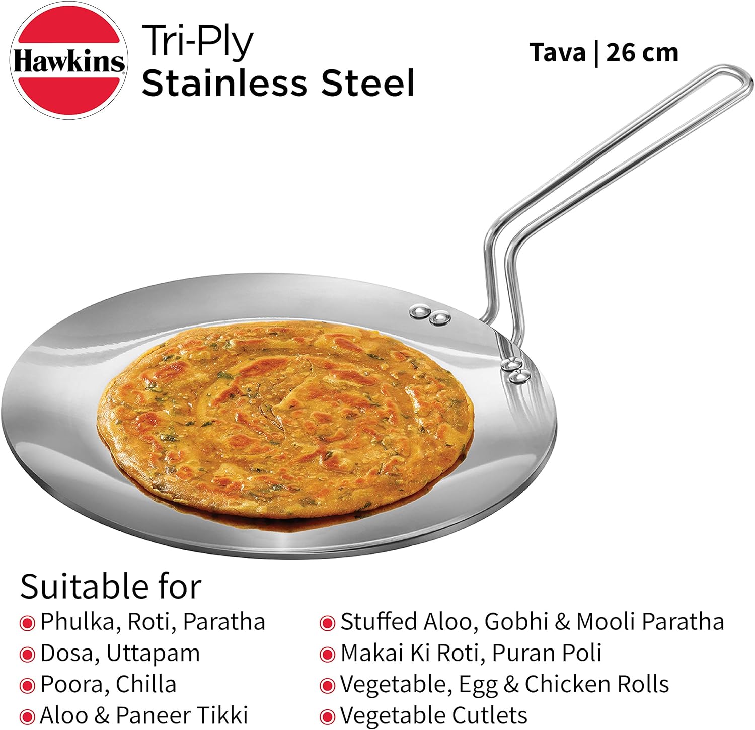 Hawkins Tri-Ply Stainless Steel Tava 26cm - Premium Indian Cooking Pan for Roti, Chapati & Paratha - Perfect for Home & Restaurant Use