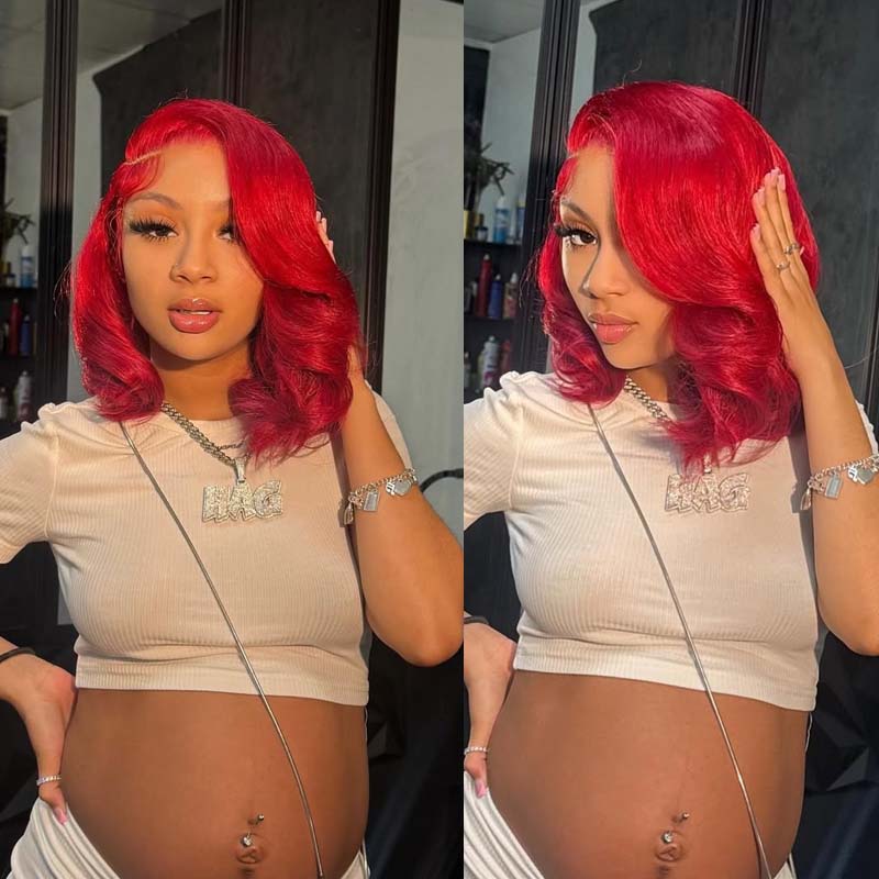Eullair $99 Short Layered Cut Red Wavy Bob Wig with 13x4 Lace Frontal - 100% Human Hair Wig for Women | Perfect for Cosplay, Parties & Daily Fashion