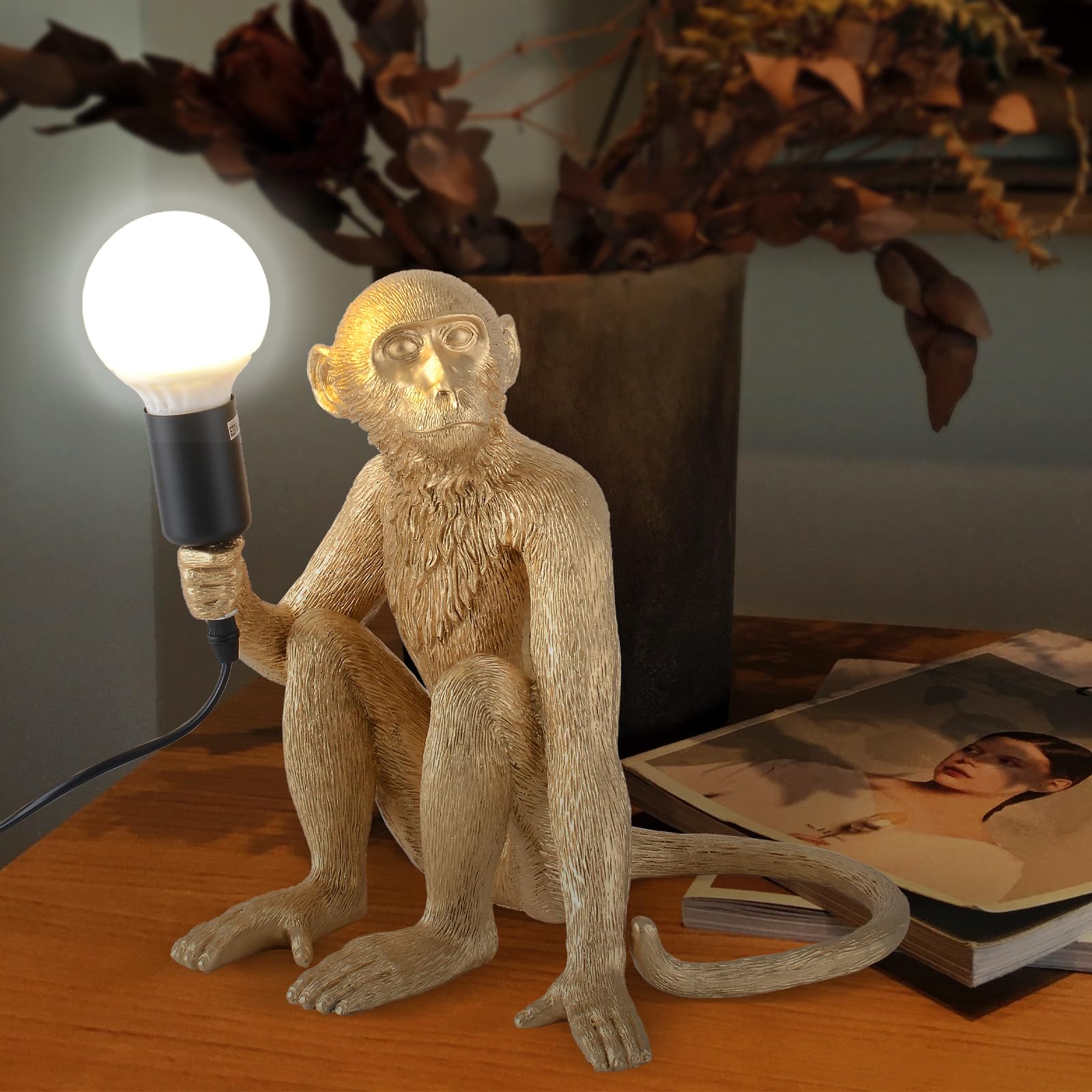Modern Resin Sitting Monkey Table Lamp - Stylish LED Desk Light for Home & Office Decor, Bedroom, Living Room, Kids Room (Gold) - Perfect for Nightstands, Study Tables & Cozy Reading Corners