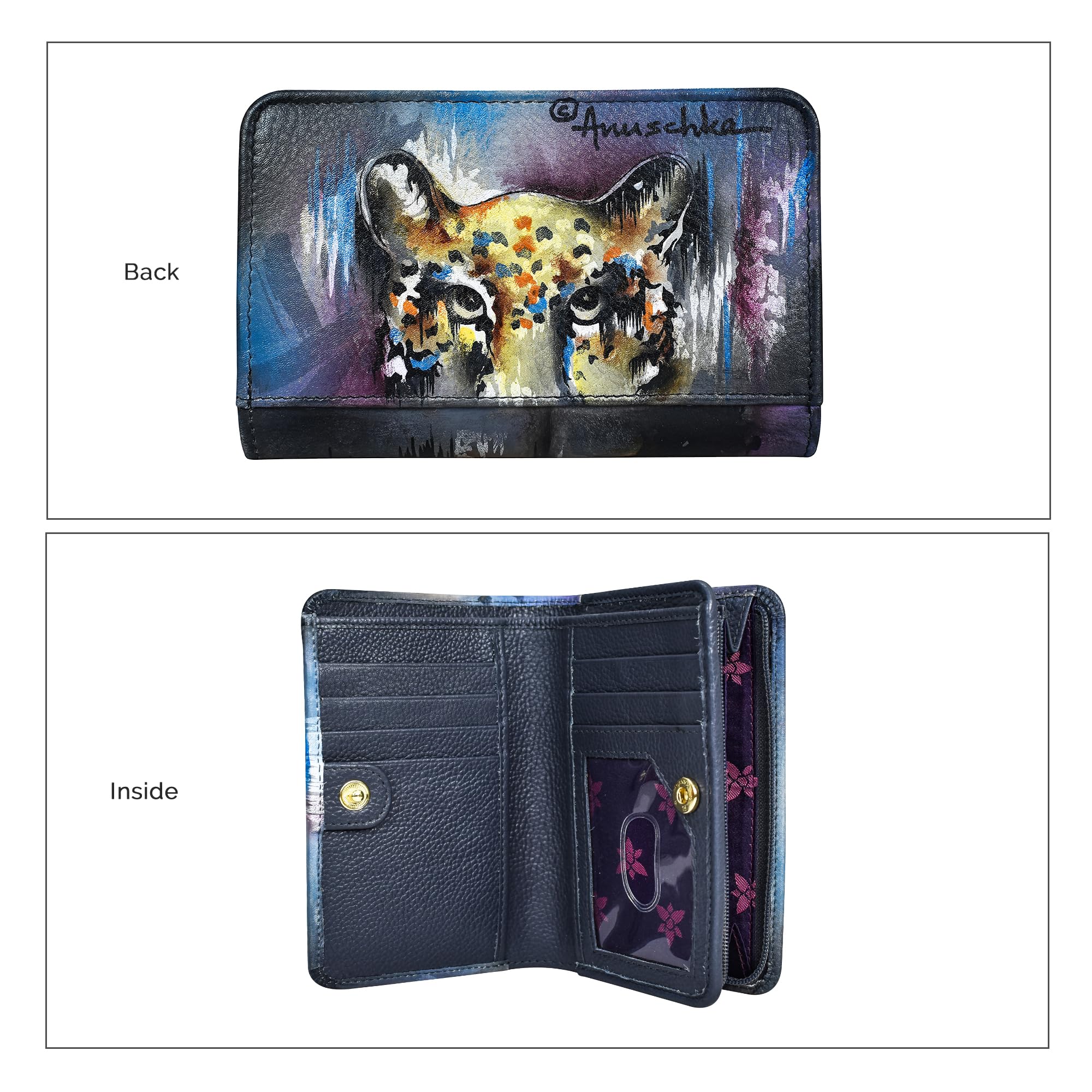 Anuschka Women’s Hand-Painted Genuine Leather Wallet - RFID Blocking Bifold Organizer with Snap Closure & ID Window | Perfect for Everyday Use, Travel & Gift Giving