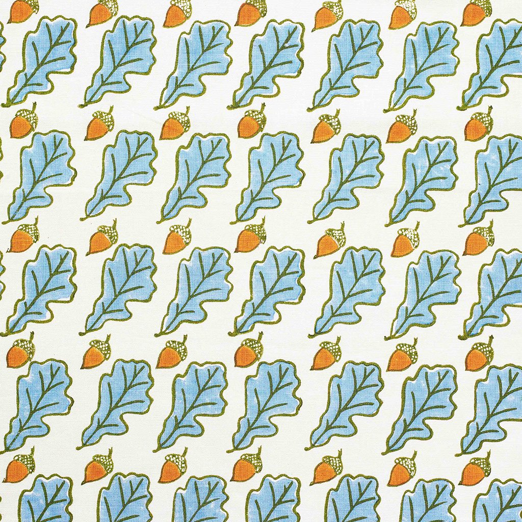 Handmade Blue Linen Fabric with Oak Block Print - Eco-Friendly Home Decor & DIY Crafting Material for Curtains, Table Runners, and Upholstery Projects