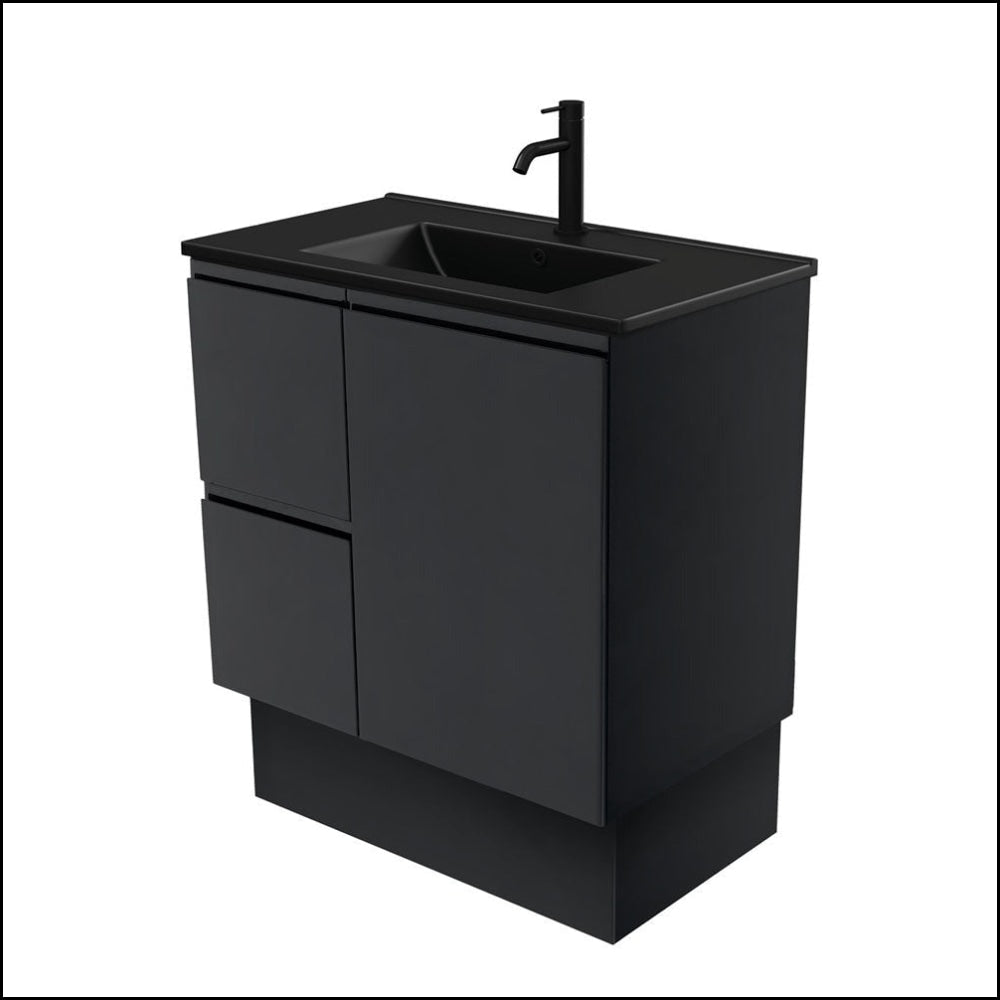 Fienza 750mm TCLB75ZBKL Dolce Matte Black Satin Vanity with Kickboard & Left Drawers - Modern Bathroom Makeup Vanity for Small Spaces & Powder Rooms