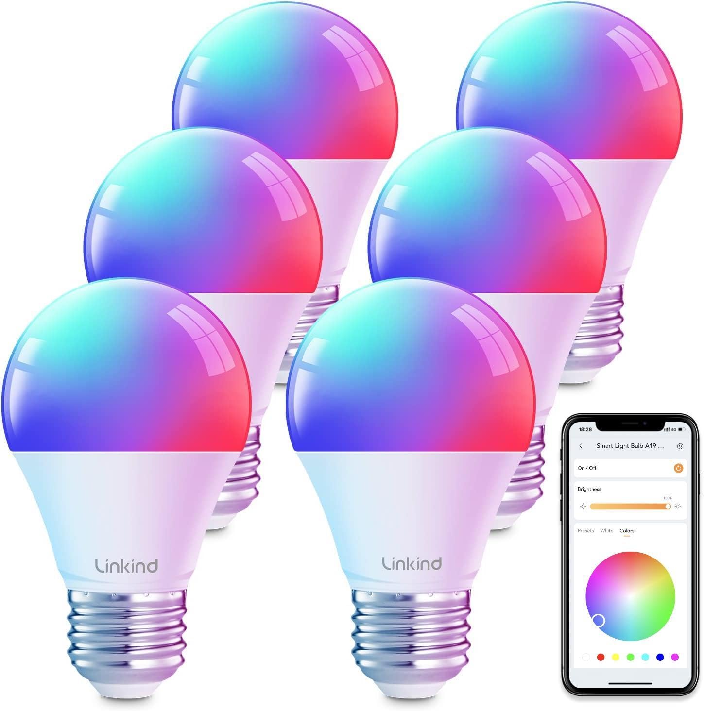 Linkind Smart WiFi Light Bulbs - 6 Pack Color Changing RGBTW LED Bulbs, Works with Alexa & Google Home, A19 E26 Dimmable, No Hub Required, 800 Lumens, 2.4GHz WiFi - Perfect for Bedroom, Living Room & Party Lighting