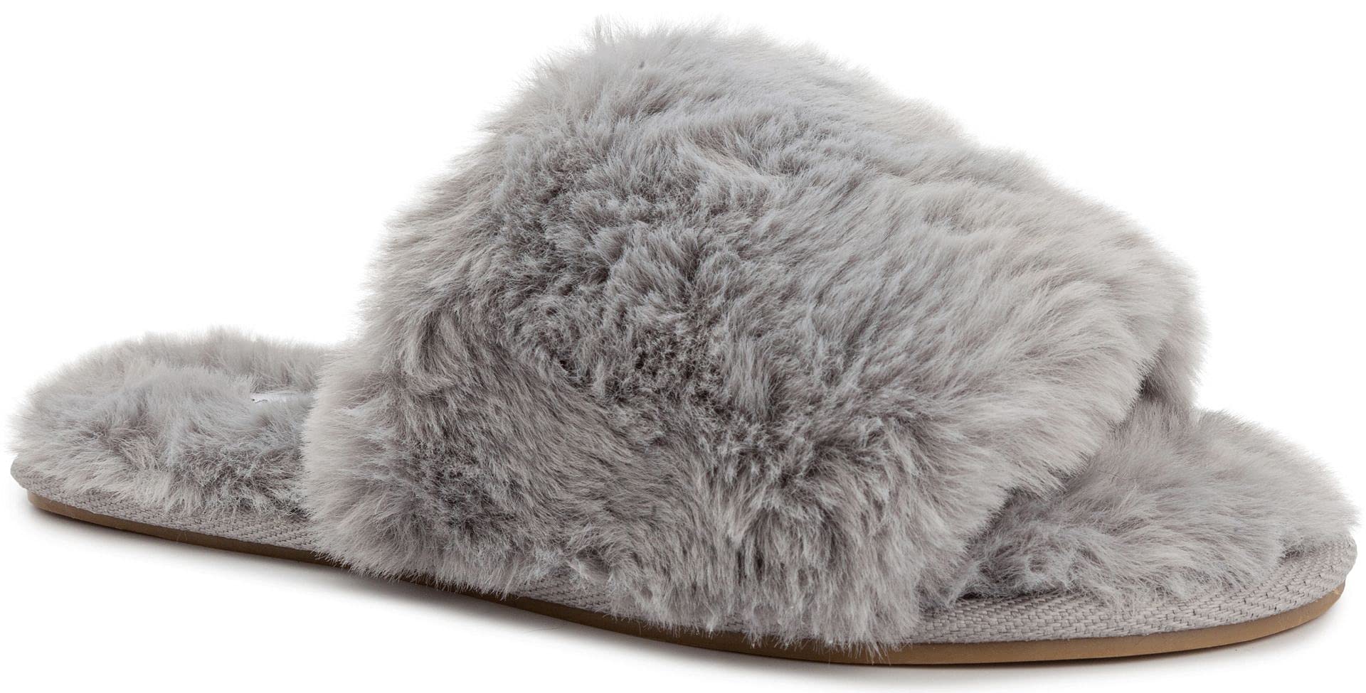 London Fog Women's Faux Fur Slippers - Cozy Open Toe Indoor/Outdoor House Shoes for Women | Perfect for Lounging, Spa Days & Quick Errands