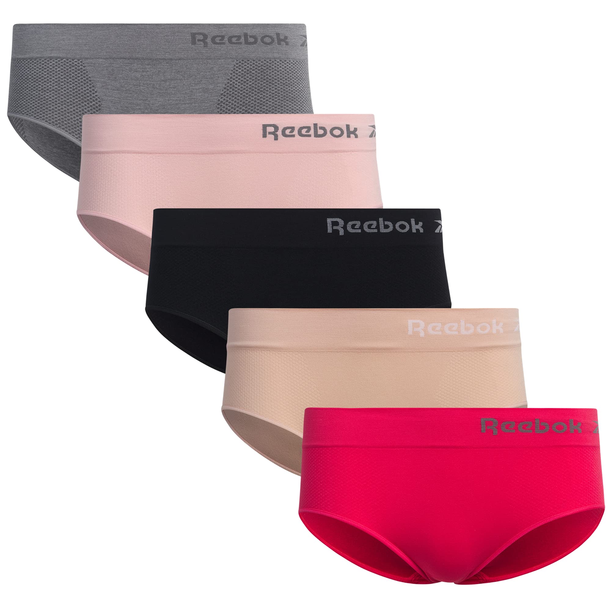 Reebok Women's Hipster Panties 5-Pack - Breathable Stretch Performance Underwear - Seamless Comfort Hipster Briefs for Women (S-XL) - Sharkskin/Dusty Pink/Black/Nude/Raspberry Pink - Perfect for Yoga, Gym & Everyday Wear
