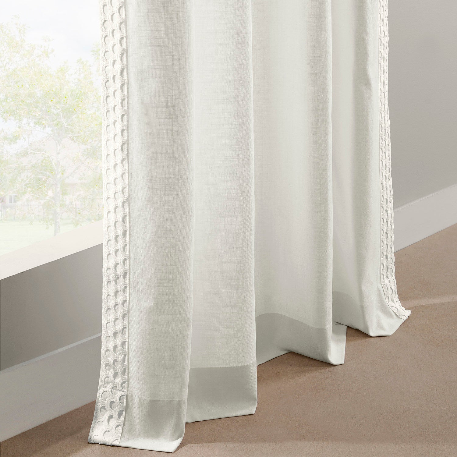 Scalloped White Bordered Modern Hampton Textured Cotton Light Filtering Curtains - Elegant Window Treatment for Living Room, Bedroom & Dining Room