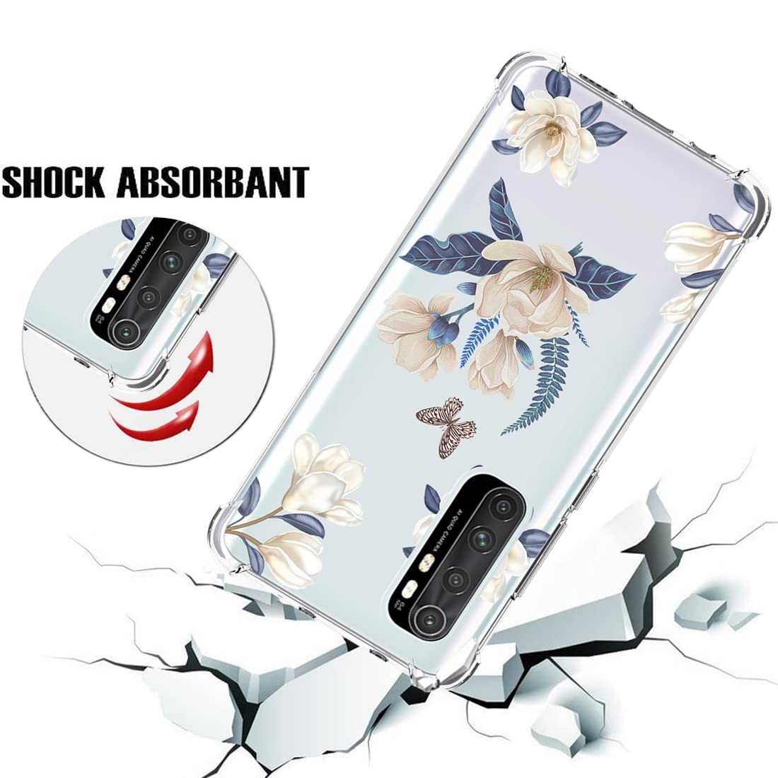 Xiaomi Note 10 Lite Case for Women - Cute Clear Slim Shockproof TPU Rubber Phone Cover with Floral Design | Protective Case for Xiaomi Mi Note 10 Lite M2002F4LG | Perfect for Everyday Use, Work & Travel (White Flower Pattern)