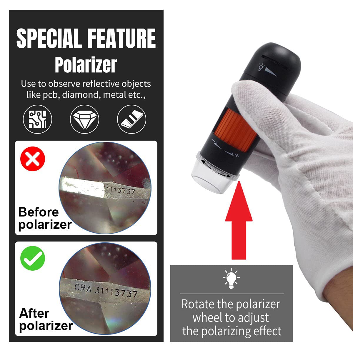 5MP Polarizing USB Microscope - 250x Magnification Digital Microscope Camera for Coin Collecting & Micro Soldering | Compatible with Windows/Mac | Perfect for Hobbyists, Jewelers & Electronics Repair