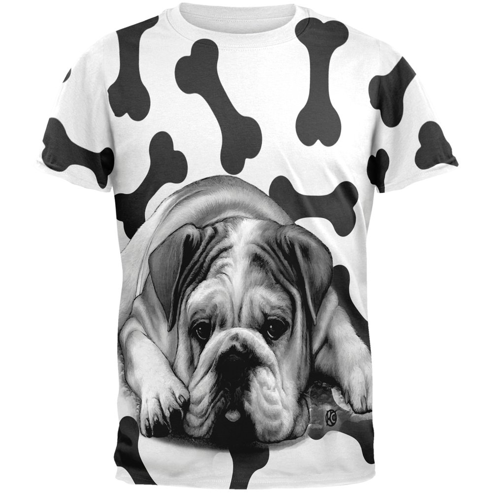 Animal World Bulldog and Bones Print Adult T-Shirt | Funny Dog Lover Tee for Men & Women | Casual Wear, Gift Idea for Pet Owners