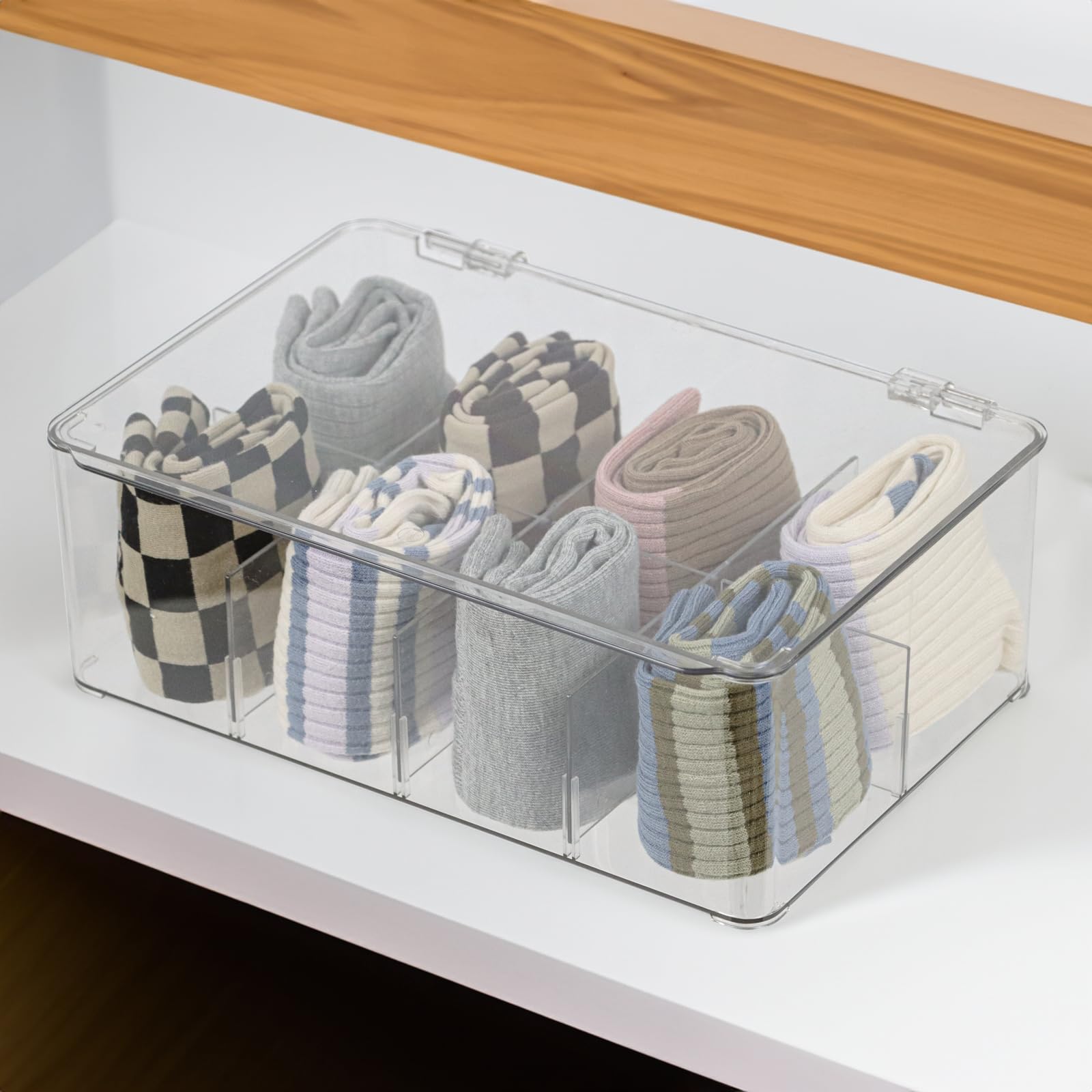 Clear Plastic Tea Bag Organizer with Removable Dividers - Drawer Storage Container for Scarves, Ties, Bras & Accessories - Perfect for Closet, Dresser & Travel Organization