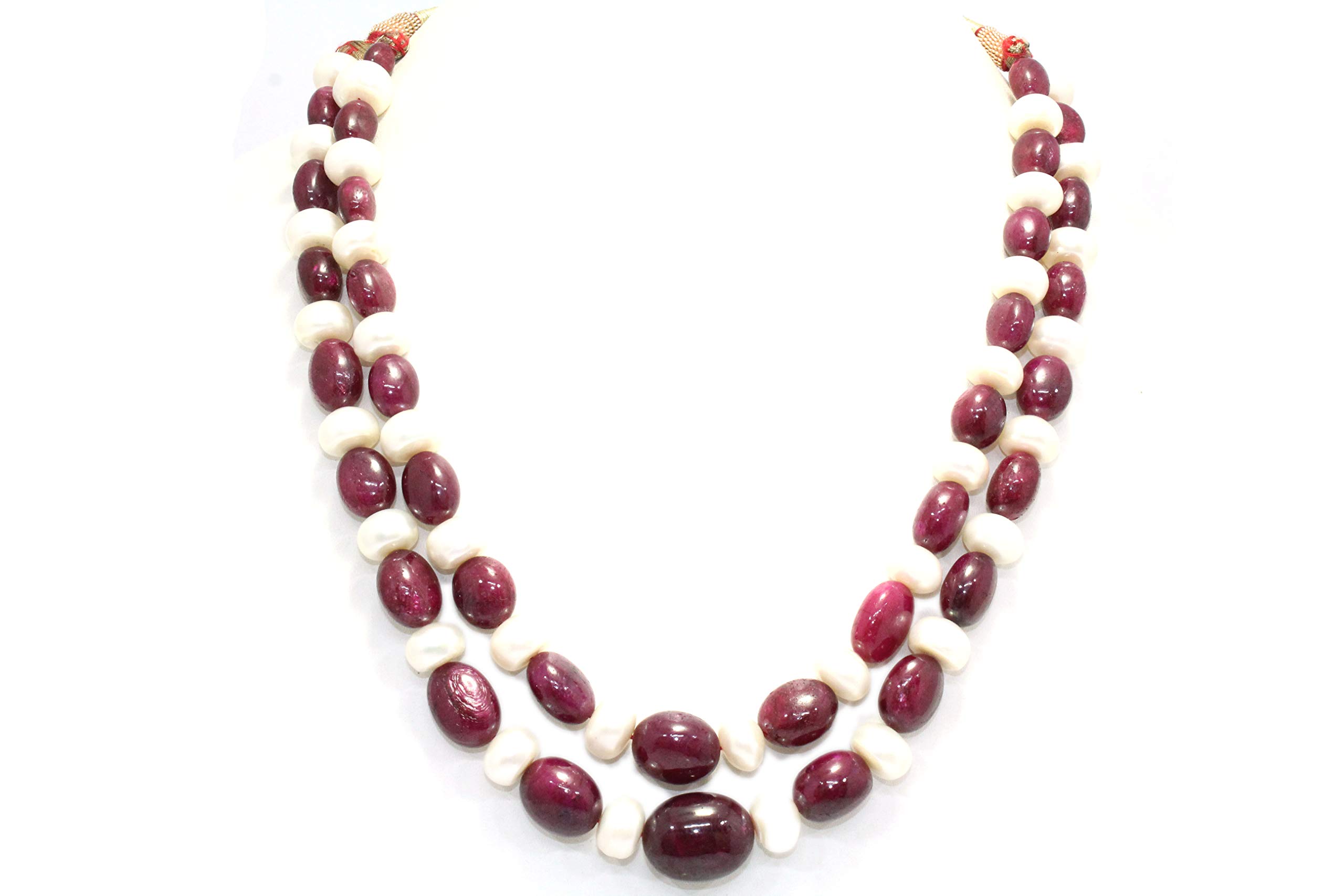 2 Strand Red Ruby Beads & White Pearls Necklace for Women - Elegant Jewelry Gift for Wedding, Party & Special Occasions