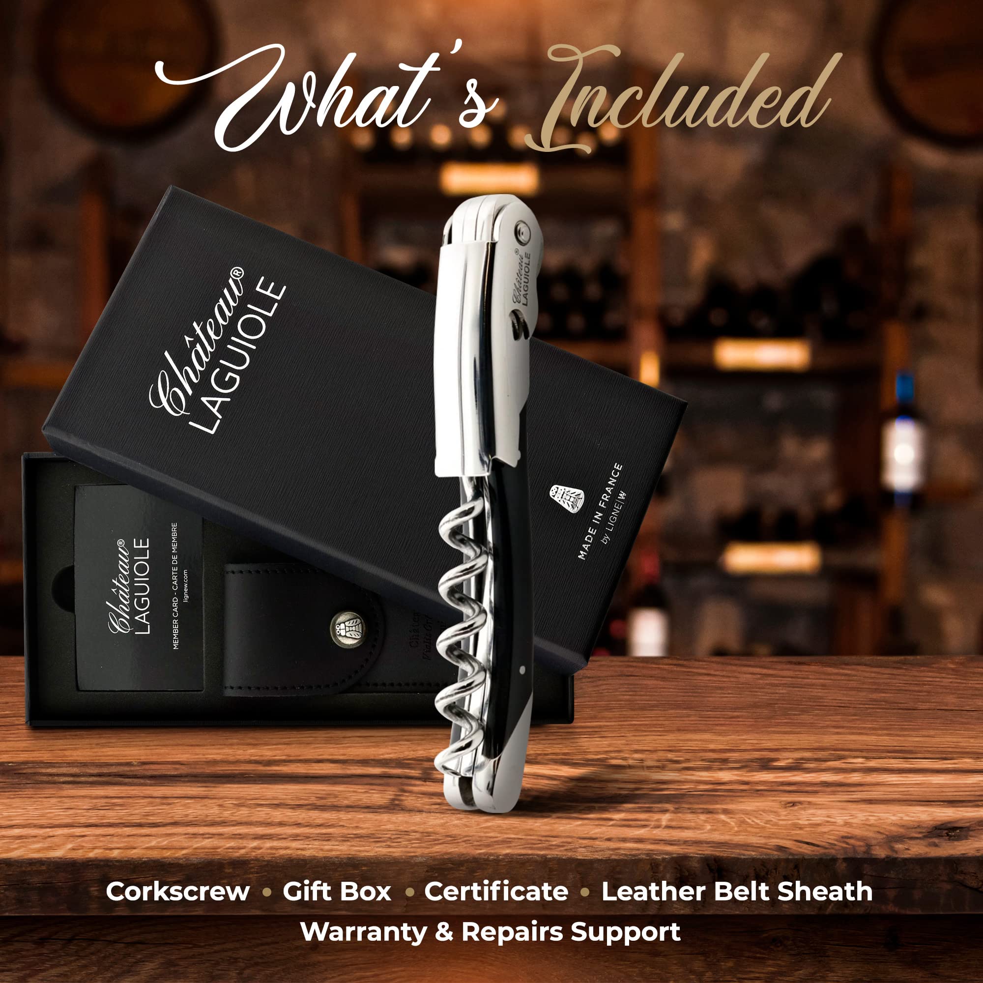 Premium Chateau Laguiole Corkscrew - French Wine Bottle Opener with Black Horn Handle, Leather Sheath & Gift Box - Perfect for Wine Lovers, Sommeliers & Elegant Dinner Parties