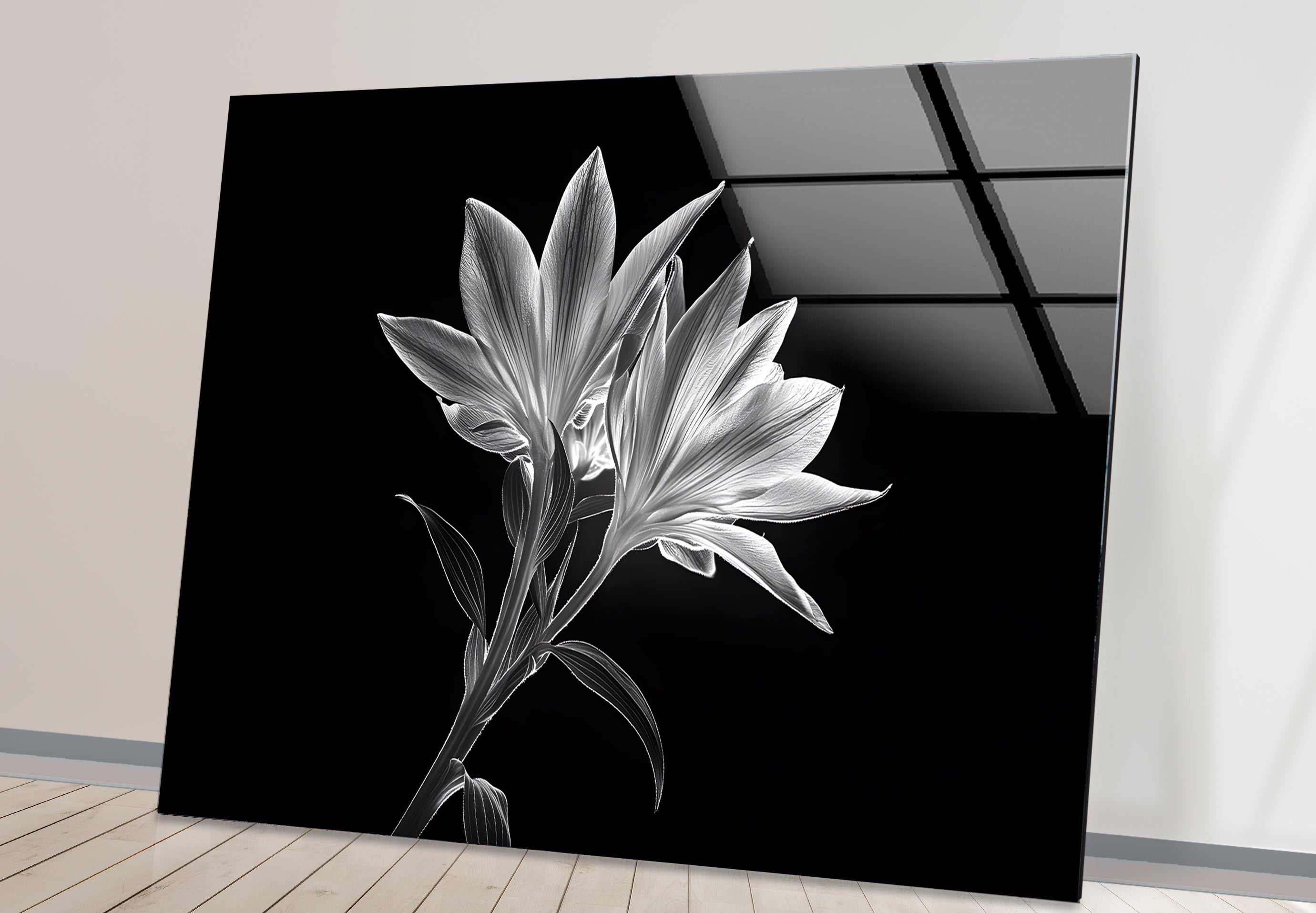 Black and White Xray Lilies Glass Wall Art - Elegant Floral Decor for Living Room, Bedroom, or Office - Perfect for Home and Office Decor