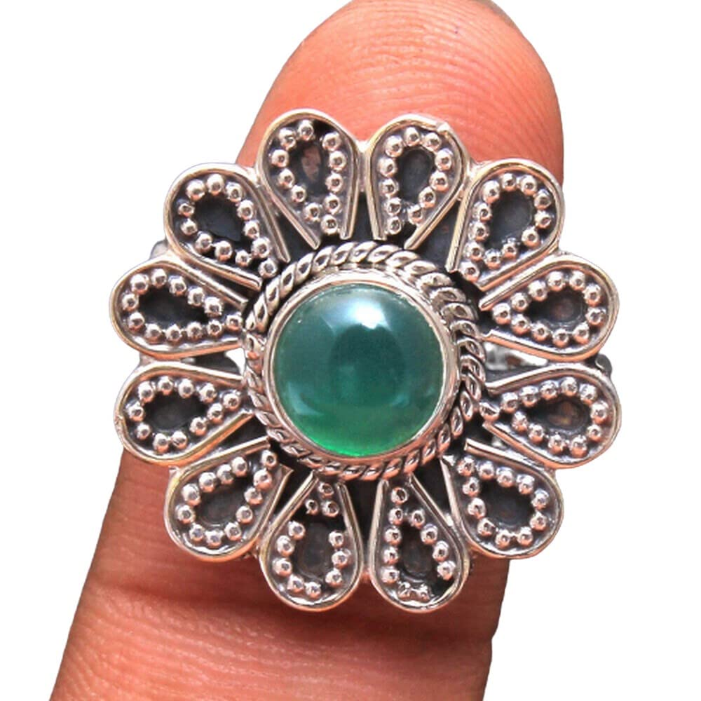 Green Onyx 925 Sterling Silver Rings for Women | Elegant Round Gemstone Bridesmaid Rings | Handmade Filigree Bezel Set Jewelry | Perfect for Weddings, Parties & Gifts