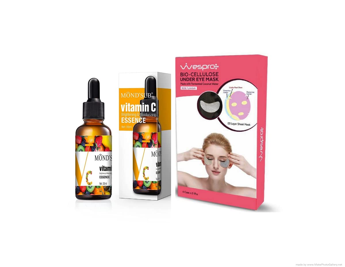 Vitamin C Serum for Face with Ethyl Ascorbic Acid & Hyaluronic Acid - Brightening Treatment for Hyperpigmentation & Dark Spots - 30ml with Free Bio-Cellulose Under Eye Masks (Pack of 5) - Perfect for Daily Skincare Routine & Nighttime Skin Repair