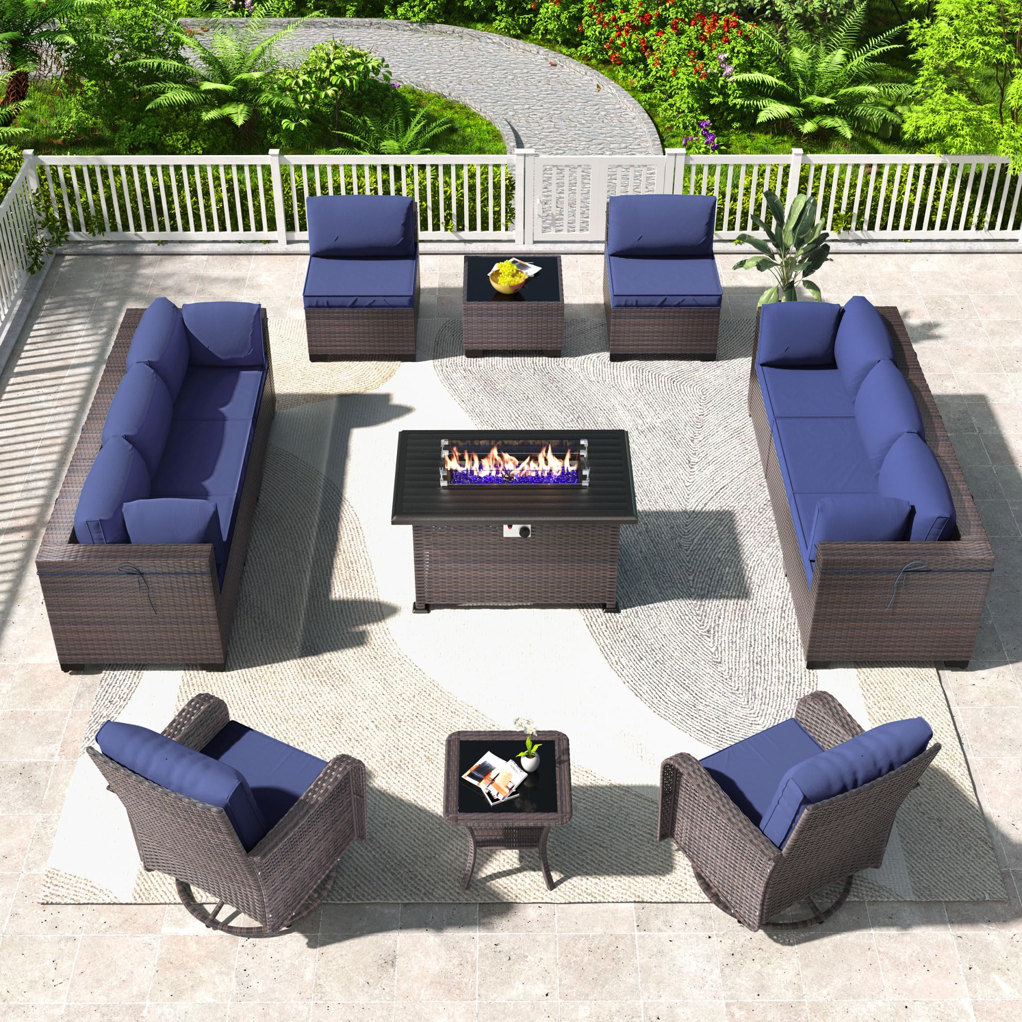 13PCS Outdoor Patio Furniture Set with Fire Pit Table - PE Wicker Rattan Sectional Sofa & Swivel Rocking Chairs in Navy Blue - Perfect for Backyard, Garden, Poolside & Outdoor Entertaining