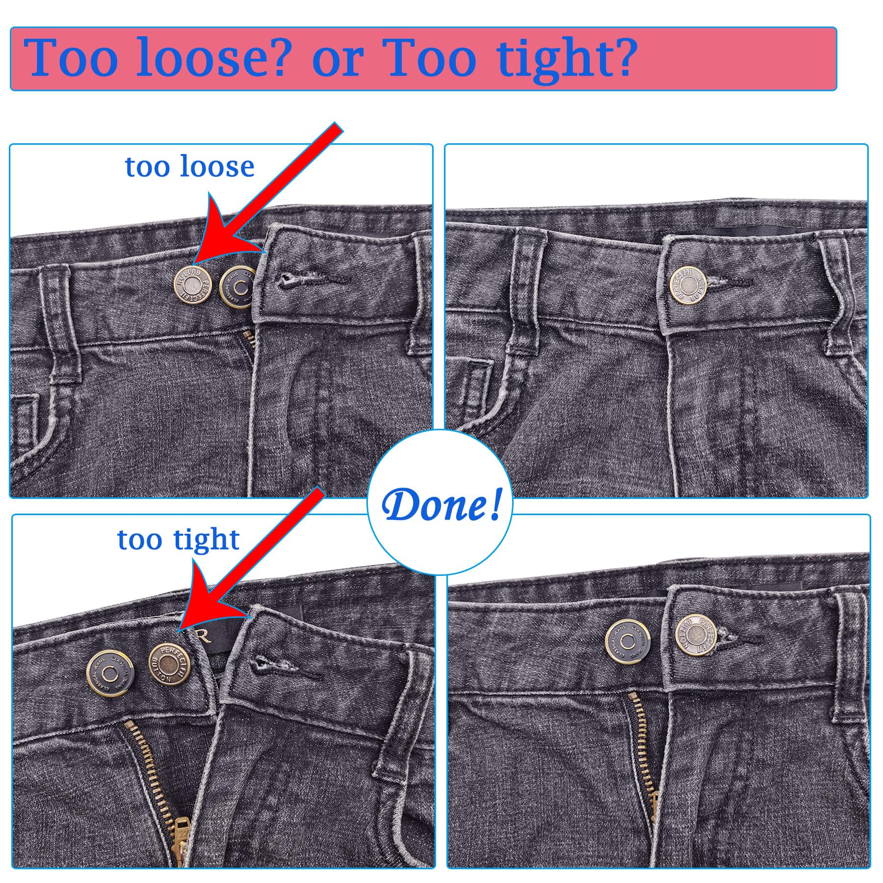 8-Piece No-Sew Jean Button Pins - Reusable & Adjustable Replacement Buttons for Loose Pants & Jeans (Instant Fix Without Tools) - Perfect for DIY Clothing Repair, Denim Upcycling & Emergency Wardrobe Fixes