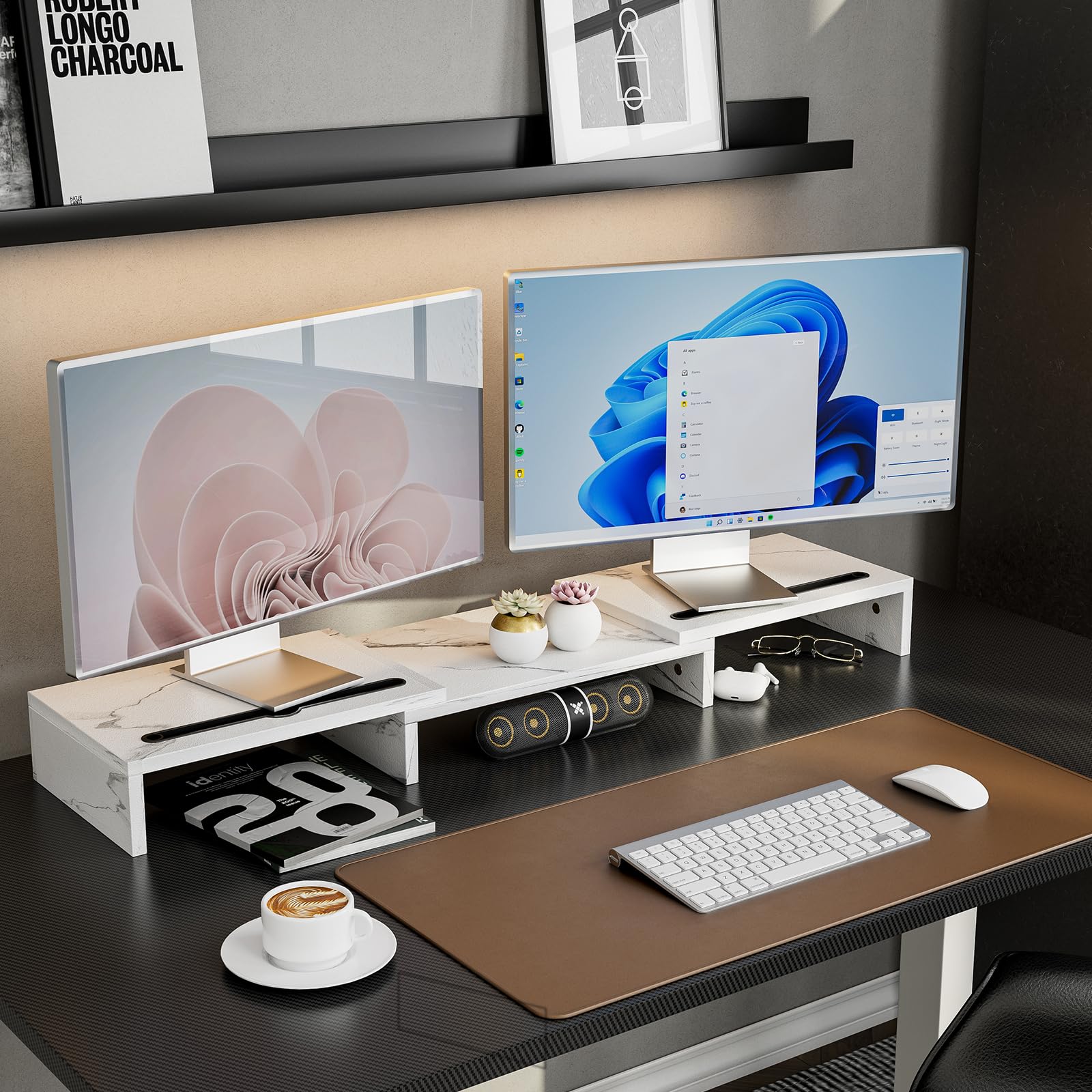Adjustable Dual Monitor Stand with 2 Slots - Ergonomic Desktop Shelf for PC & Laptop (White Faux Marble) - Perfect for Home Office & Gaming Setup
