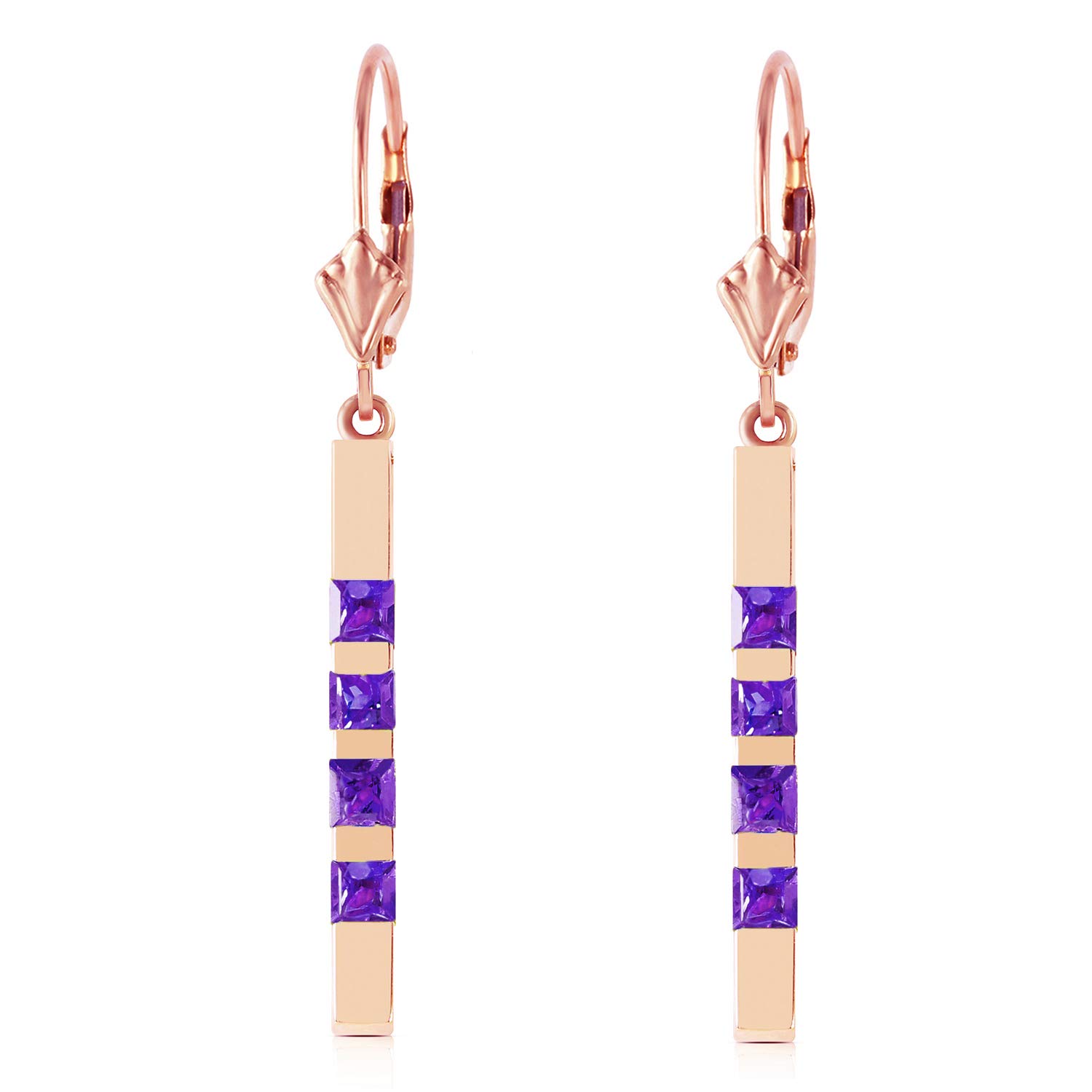 14K Rose Gold Dangle Bar Earrings with Genuine Purple Amethyst Gemstones - Elegant Women's Jewelry for Parties, Weddings & Special Occasions