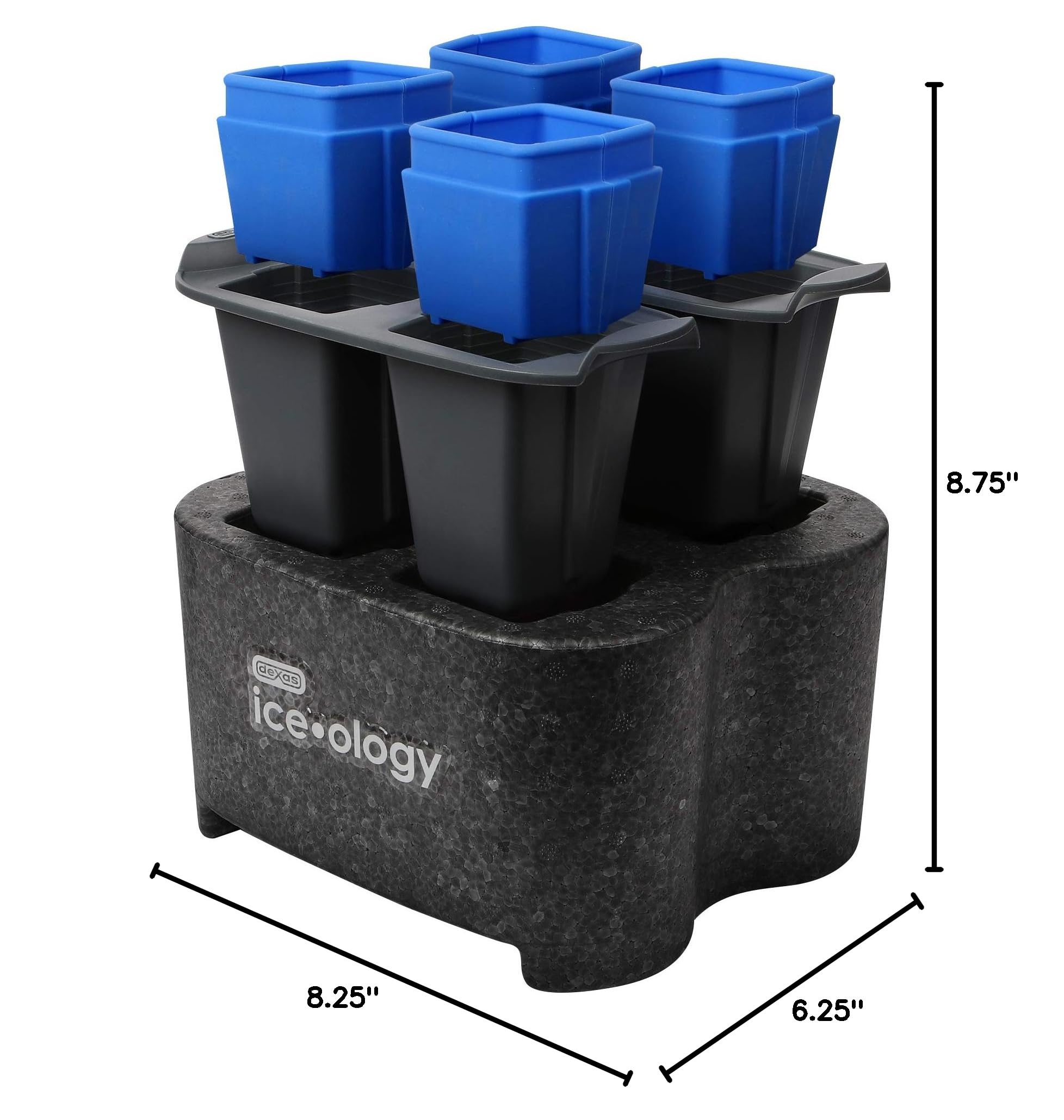 Dexas ice•ology Silicone Clear Ice Maker Tray - 4 Square Cube Mold for Crystal Clear Cocktail Ice | Perfect for Whiskey, Bourbon & Craft Cocktails at Home Bars