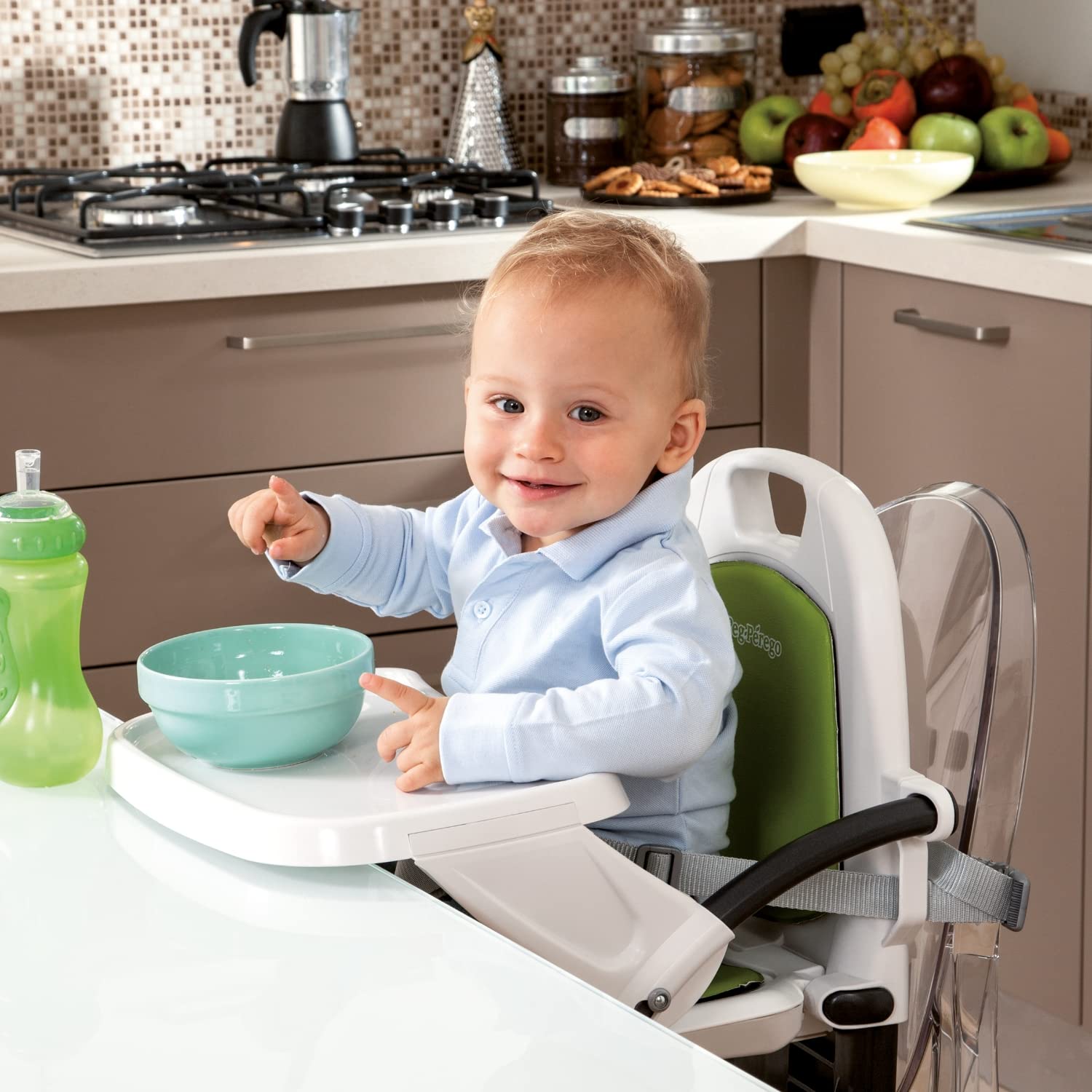Peg Perego Rialto Booster Seat for Babies & Toddlers 6+ Months | Italian-Made High Chair | Teal (Petrolio) | Safe & Comfortable Feeding Seat for Home & Restaurant Use (Model: IMRIASNA03PL71)