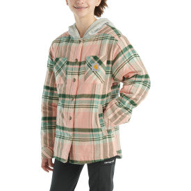 Youth Girls Long Sleeve Flannel Snap Front Hooded Shirt Jacket - Soft & Warm Peach Amber Plaid - Perfect for School, Outdoor Activities & Casual Wear