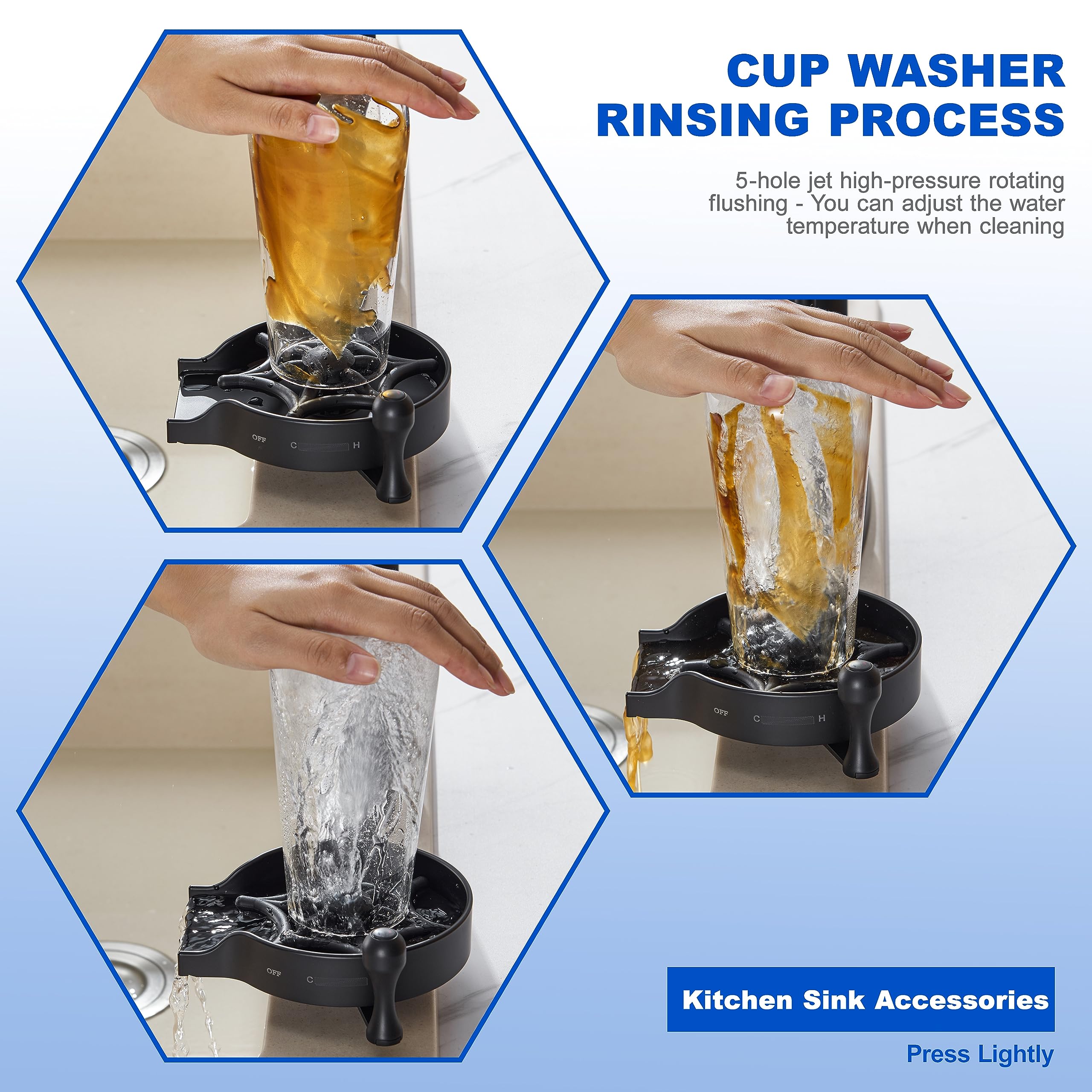 Premium Matte Black Kitchen Sink Glass Rinser - Hot & Cold Water Switching Cup/Bottle Washer for Bar, Restaurant & Home Use - Fast Automatic Flushing Faucet Cleaner for Wine Glasses, Coffee Mugs & Baby Bottles