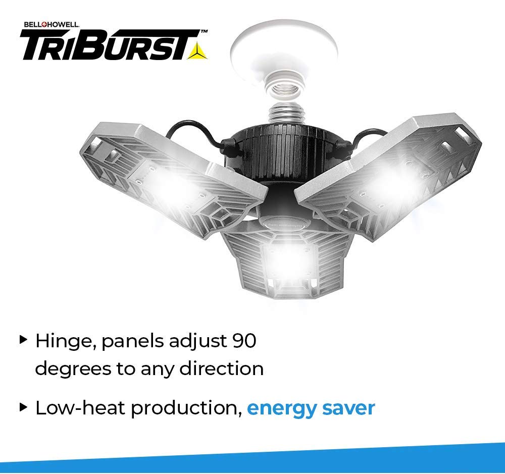Bell+Howell Triburst Deluxe 5500 Lumens LED Ceiling Light - Ultra Bright 144 LED Bulbs, 6500K Daylight White - Adjustable Triple Panel for Bedroom, Garage, Workshop & Office Lighting