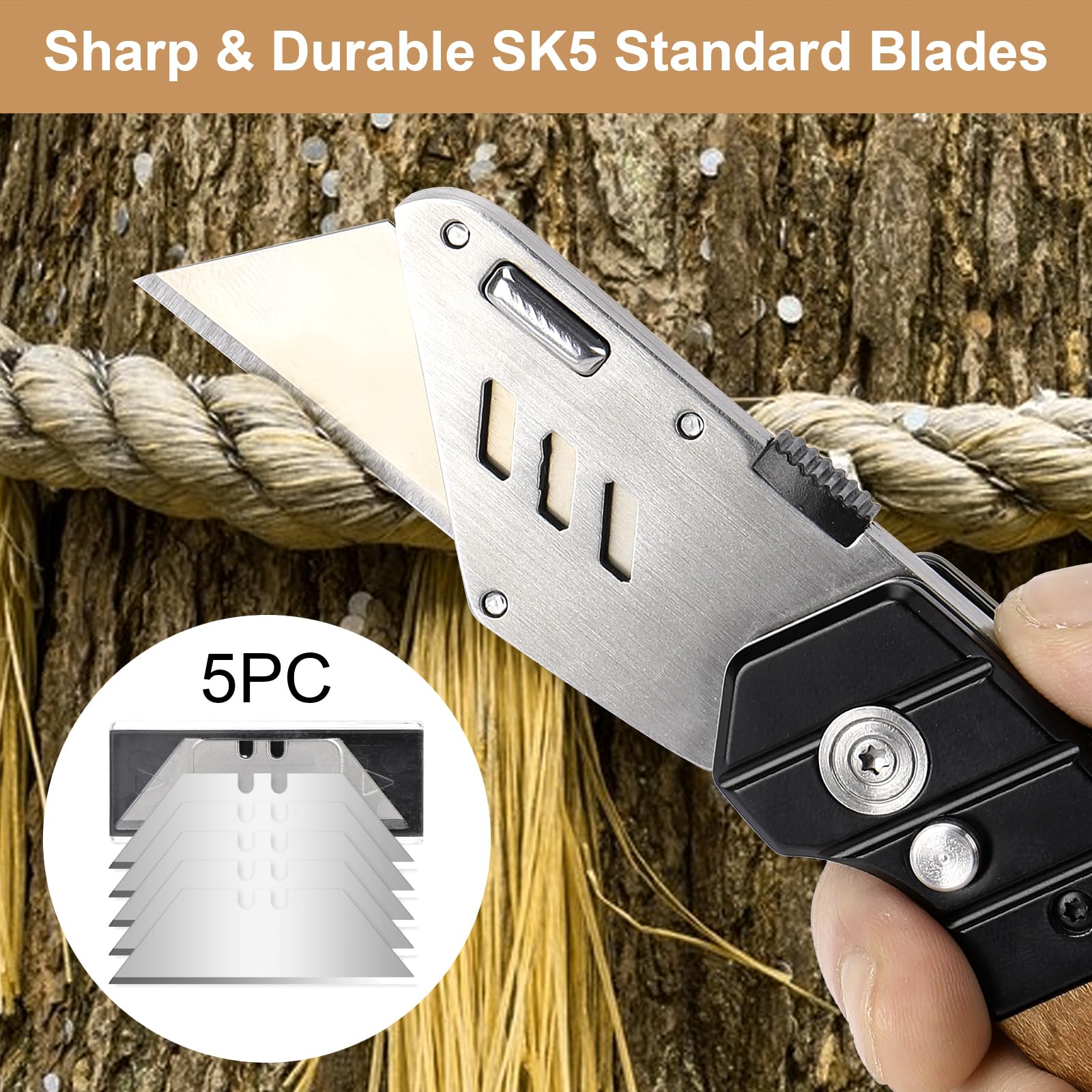 Harita Heavy Duty Utility Knife with Wood Handle - Quick-Change Safety Lock, Includes 5 Extra Blades & Belt Clip - Perfect for Construction, Warehouse, and DIY Projects