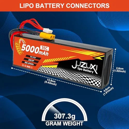 11.1V 5000mAh 3S 35C Lipo Battery Rechargeable Lithium Polymer Battery with XH & XT60 Connectors - Compatible with RC Cars, Trucks, Buggies - Perfect for 2WD/4WD Off-Road Racing, Drifting and Crawling Adventures