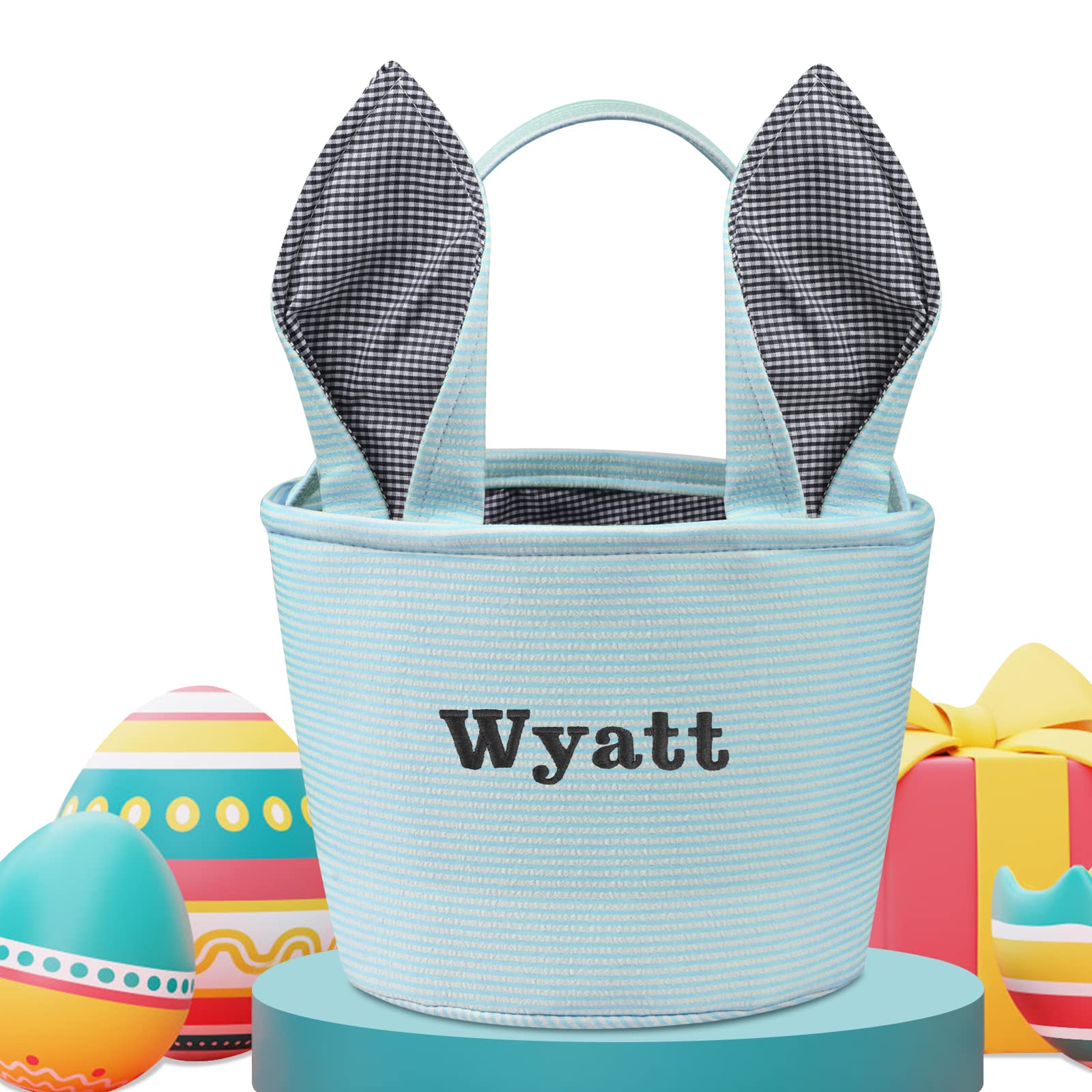 Personalized Easter Basket with Bunny Ears - Custom Name Easter Basket for Kids, Boys & Girls - Blue - Perfect for Easter Egg Hunts, Gift Giving & Spring Celebrations