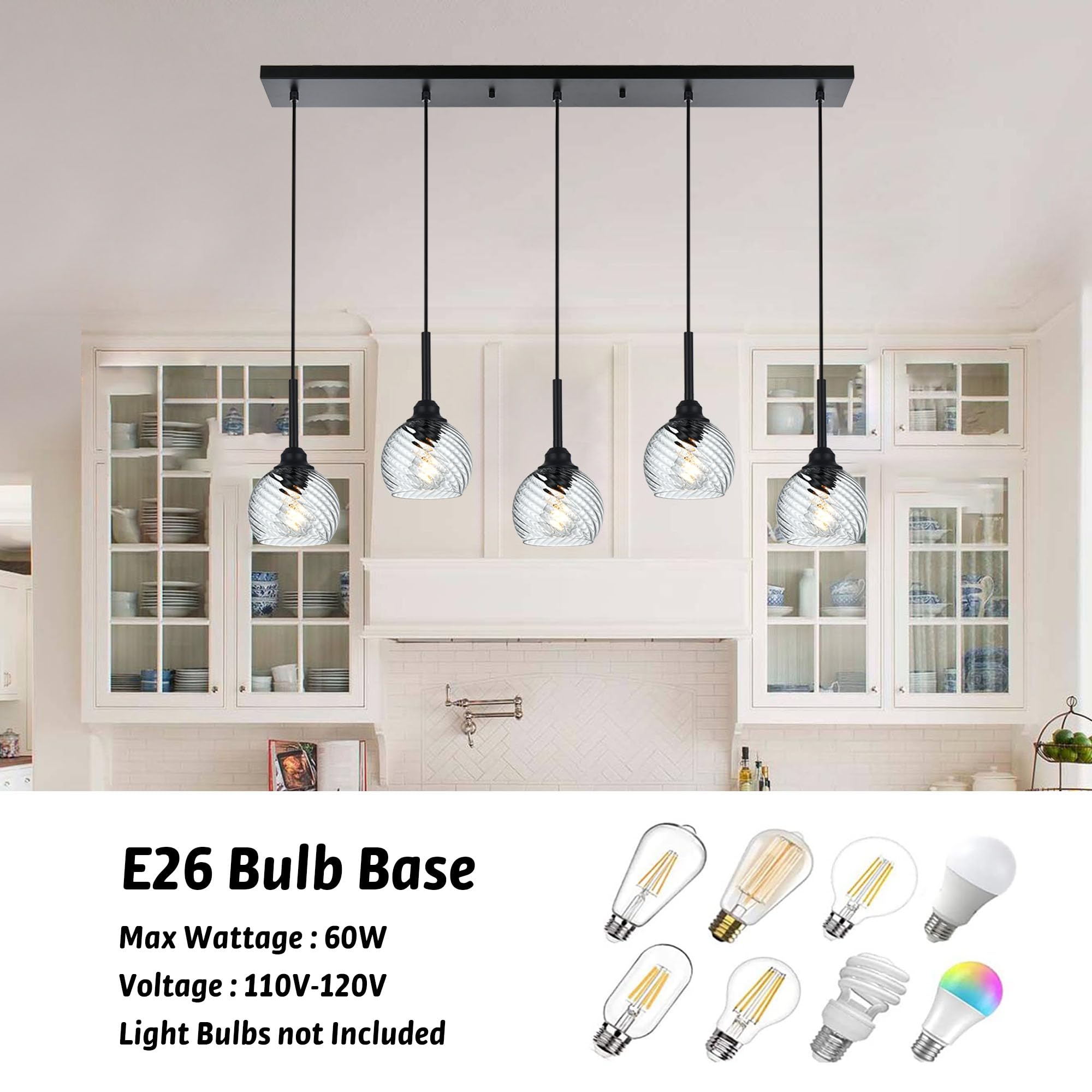 5-Light Black Blown Glass Pendant Light with Striped Swirl Globe - Modern Kitchen Island Lighting, Hanging Ceiling Lamp for Dining Room, Bar & Living Room - Perfect for Contemporary Home Decor and Ambient Lighting