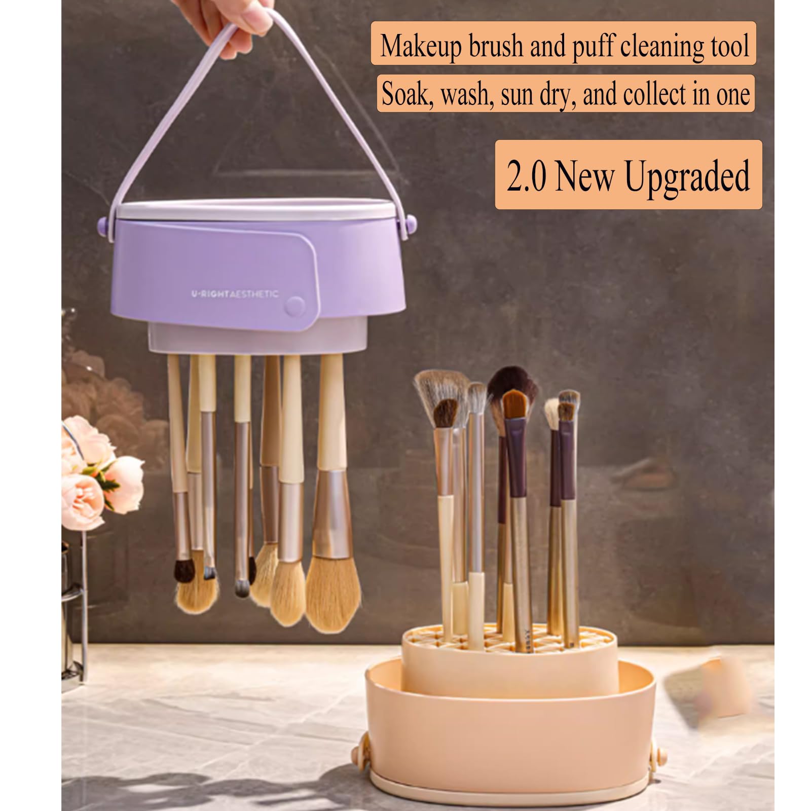3-in-1 Foldable Silicone Makeup Brush Cleaner Mat - Cosmetic Brush Scrubber Bowl for Cleaning, Organizing & Drying | Portable Makeup Brush Cleaning Tool for Travel & Home Use (Purple)