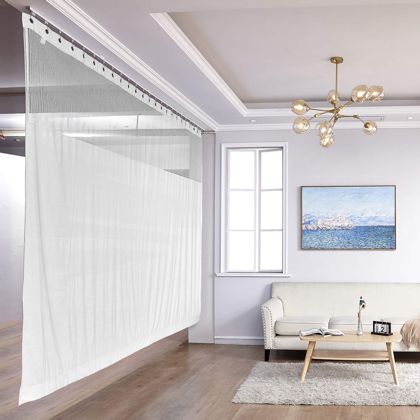 Flame Retardant White Privacy Room Divider Curtain - 9ft x 8ft SPA Partition with Mesh Top & Nickel Grommets - Perfect for Hospitals, Offices, and Home Privacy Screens