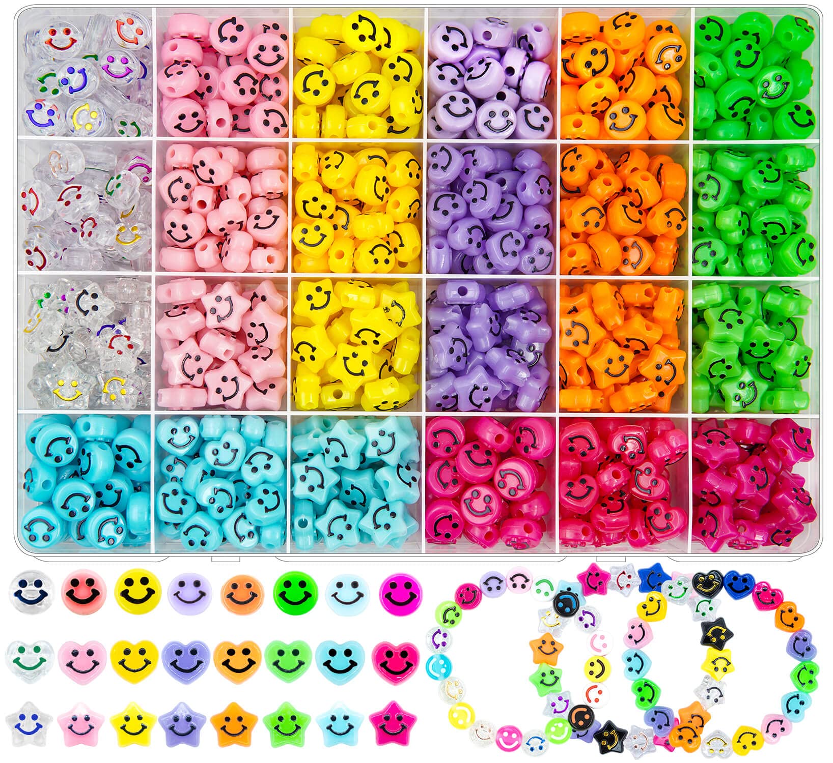 600Pcs 10mm Acrylic Smile Face Beads - Colorful Happy Face Spacer Beads for DIY Jewelry Making, Bracelets, Earrings, Necklaces - Heart Star Charms Craft Supplies (8 Colors) - Perfect for Kids Crafts, Party Favors & Gift Packaging