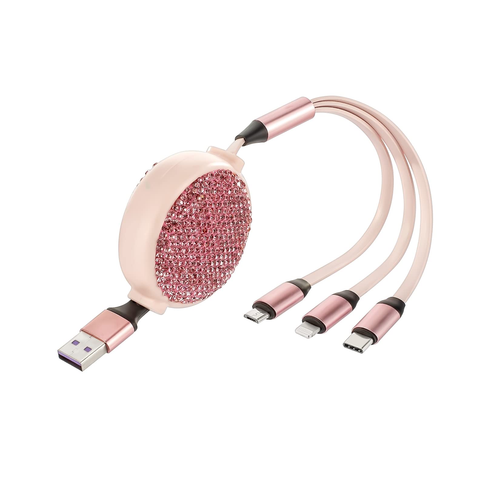 3-in-1 Dazzling Rhinestone Charger Cable - Retractable 3.6Ft Fast Charging for iPhone/Type-C/Micro-USB | Stylish Tech Accessory for Women | Perfect for Travel, Office & Night Out Fashion