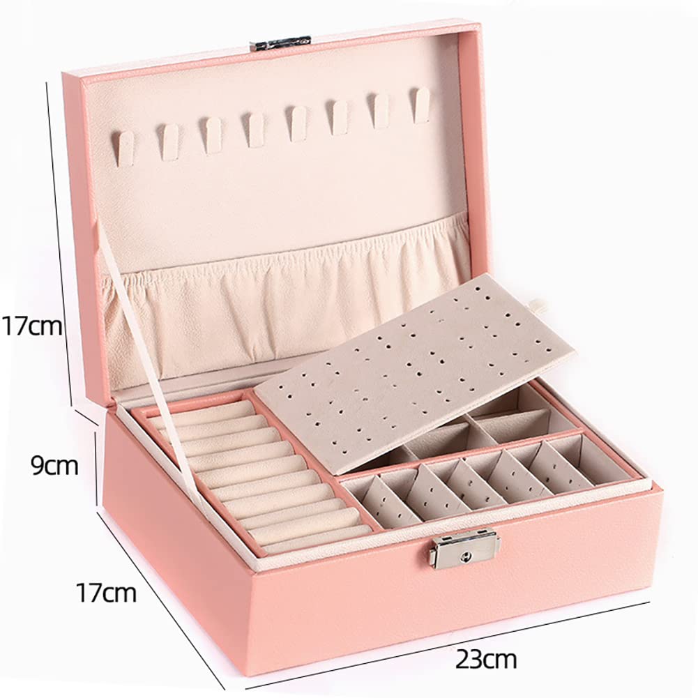 NuAngela Large 2-Layer Jewelry Box Organizer for Women & Girls - PU Leather Jewelry Storage Case with Removable Tray for Necklaces, Earrings, Rings, Bracelets - Perfect for Travel, Home Decor & Gift Giving (Pink)