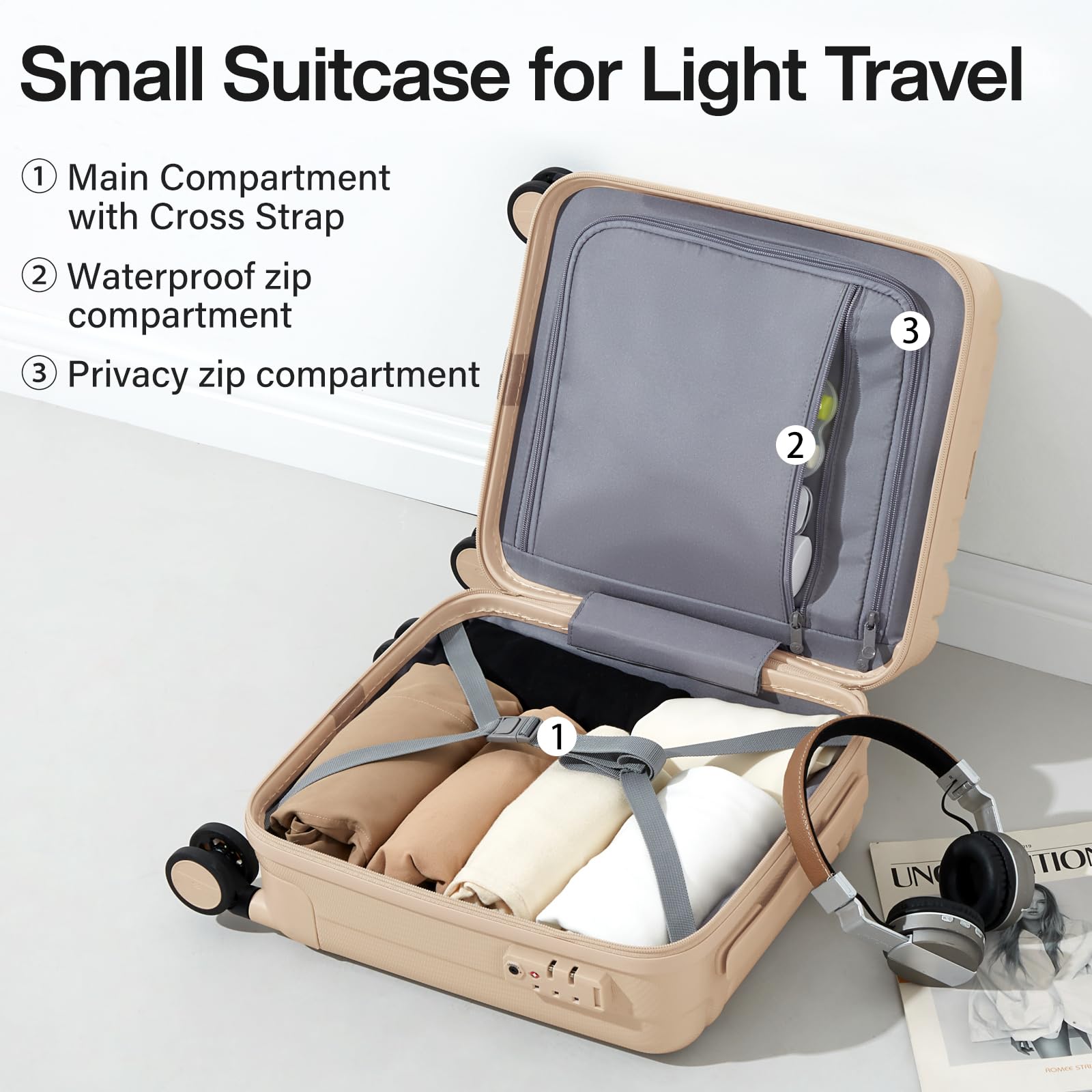 Hanke 14 Inch Underseat Carry On Luggage with Wheels - Lightweight Hard Shell Suitcase for Air Travel, Compact Spinner Cabin Bag Perfect for Business Trips & Weekend Getaways (Cuba Sand) - Ideal Christmas & Birthday Gift for Frequent Travelers