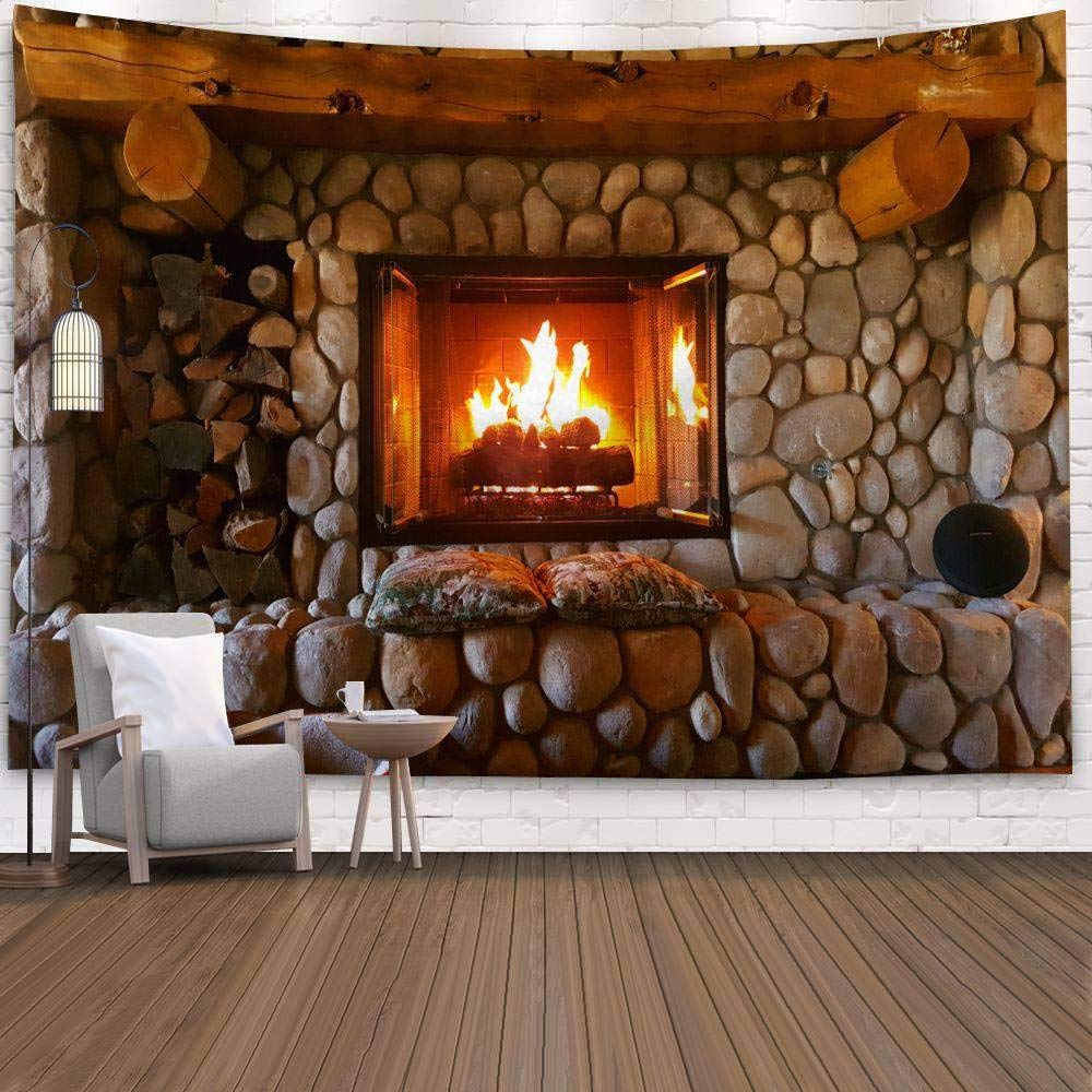 GGSDDU Stone Wall Fireplace Tapestry - 200×150 cm (80×60 inch) Digital Printed Wall Hanging for Bedroom & Home Decor - Perfect for Living Room, Dorm, or Bohemian Style Interior Design